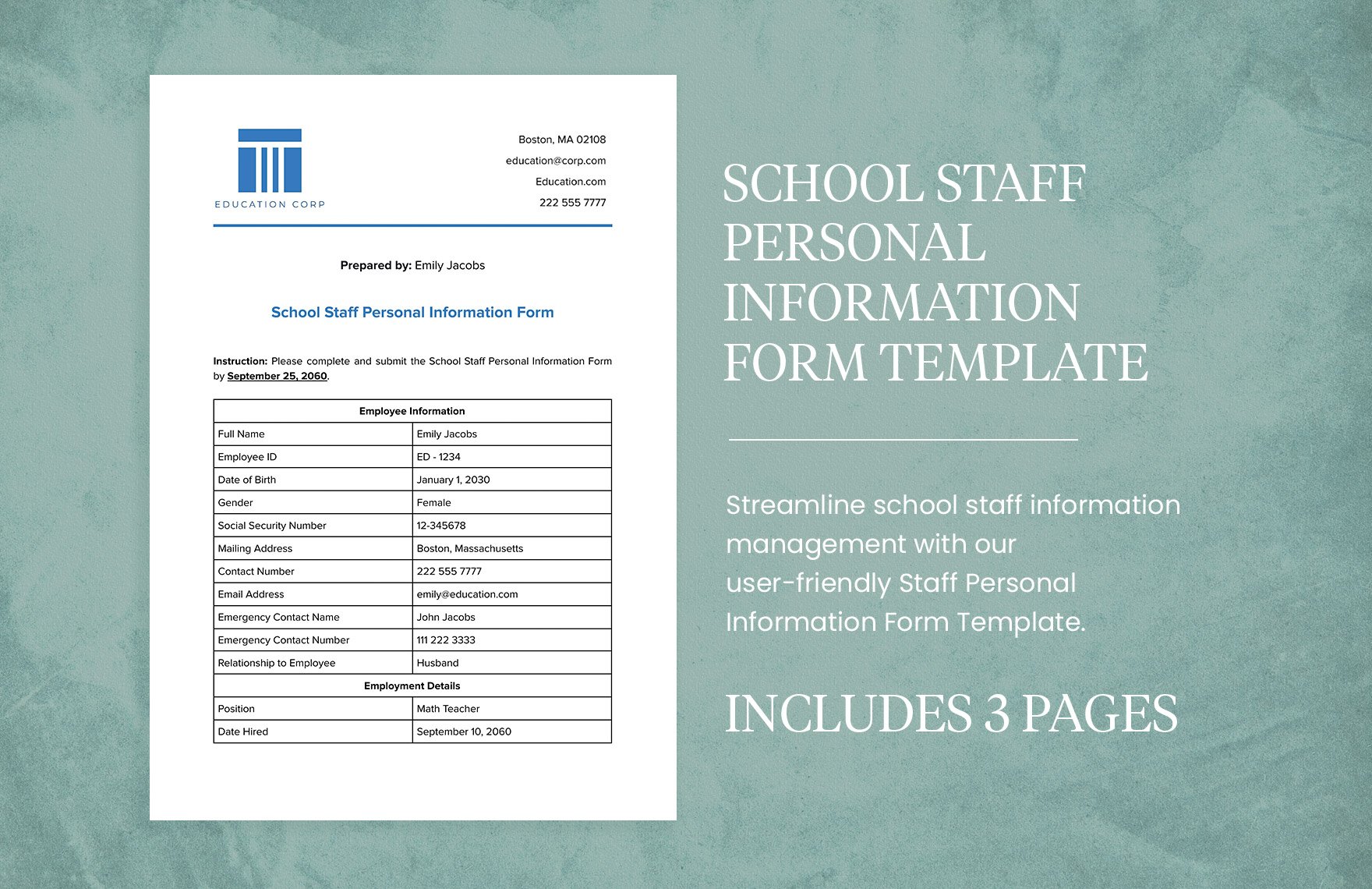 School Staff Personal Information Form Template