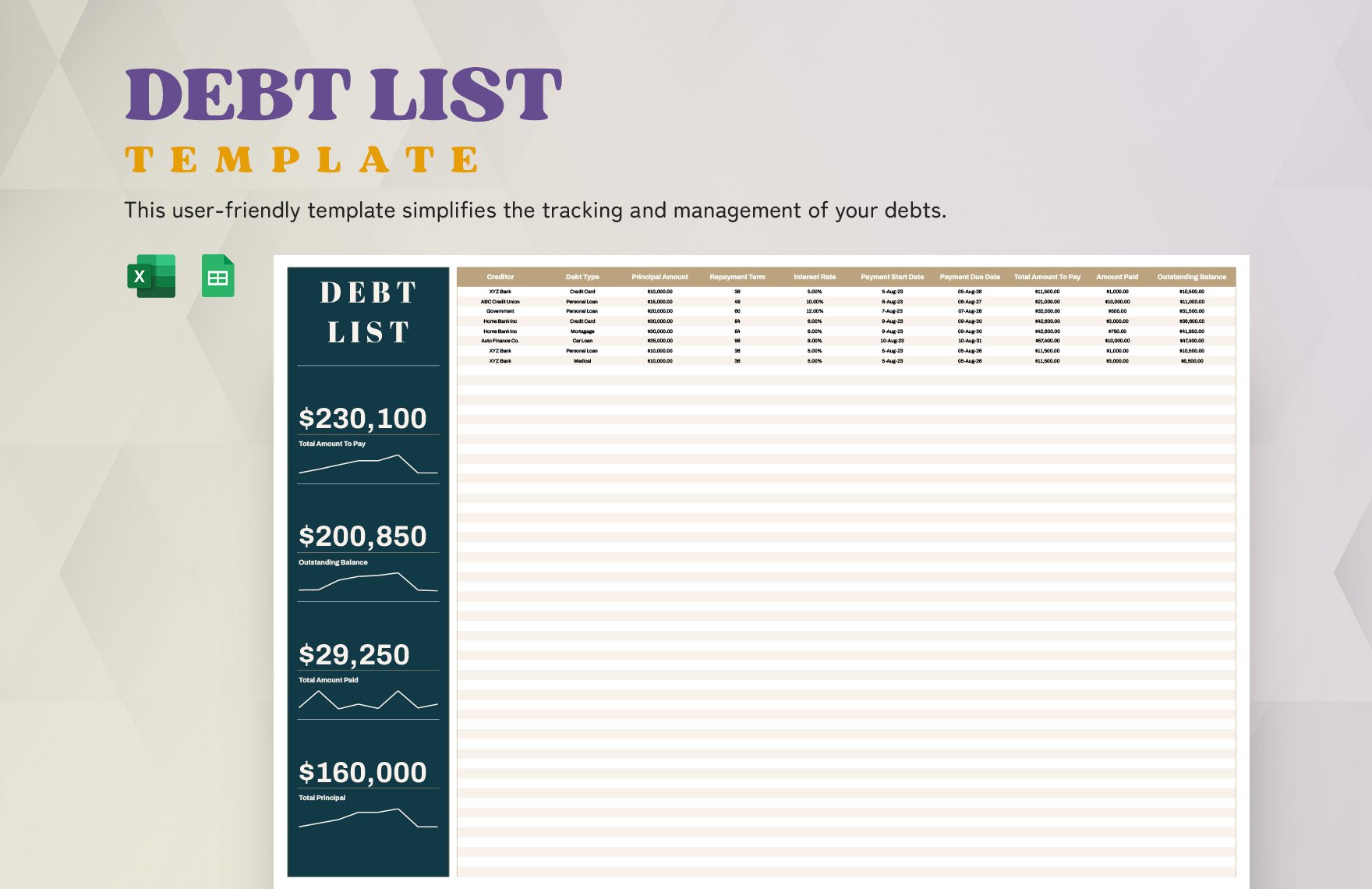 Debt List Template