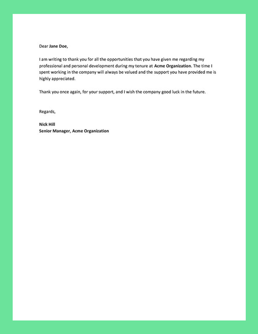 Thank You Letter to Boss after Resignation Template