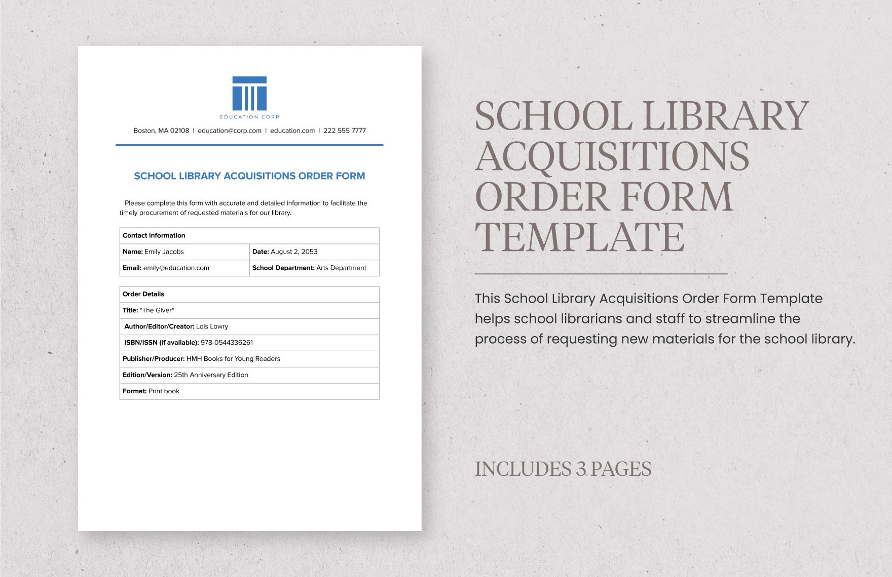 School Library Acquisitions Order Form Template in Word, Google Docs, PDF