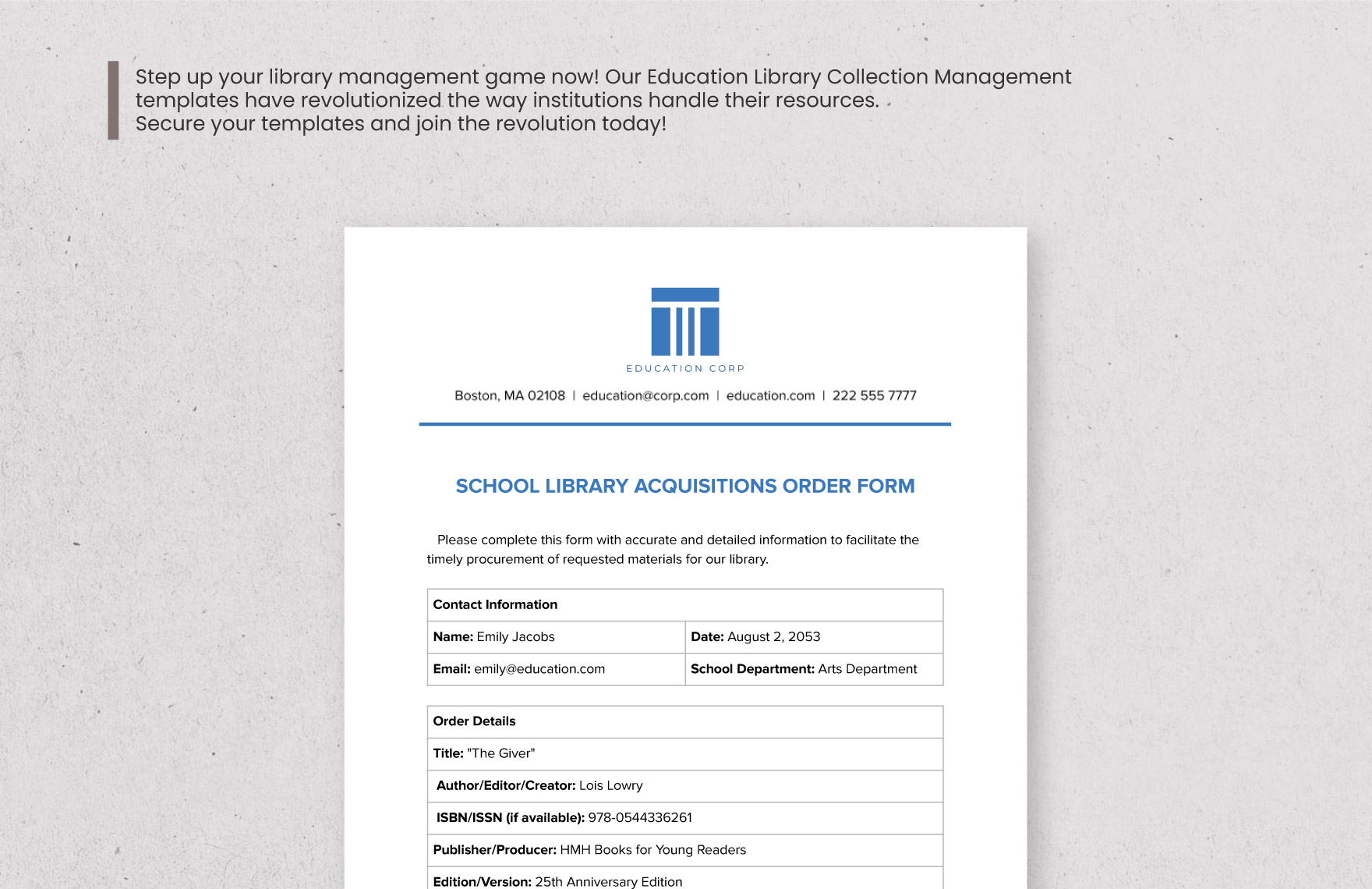 School Library Acquisitions Order Form Template