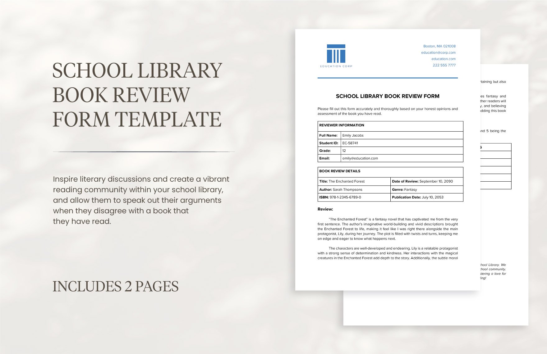 School Library Book Review Form Template