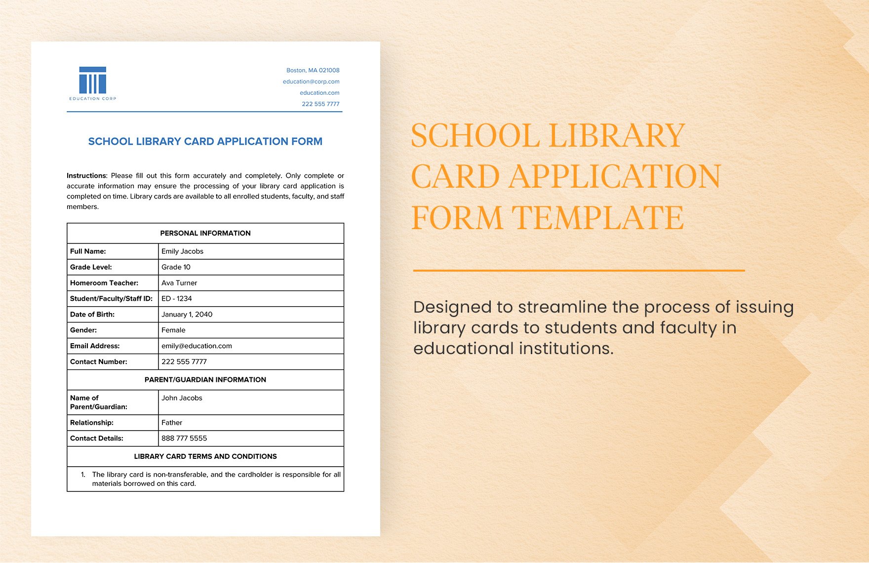 School Library Card Application Form Template