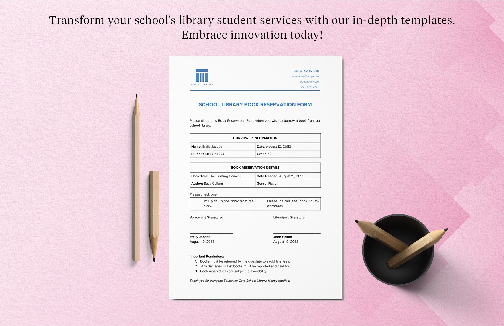 School Library Book Reservation Form Template