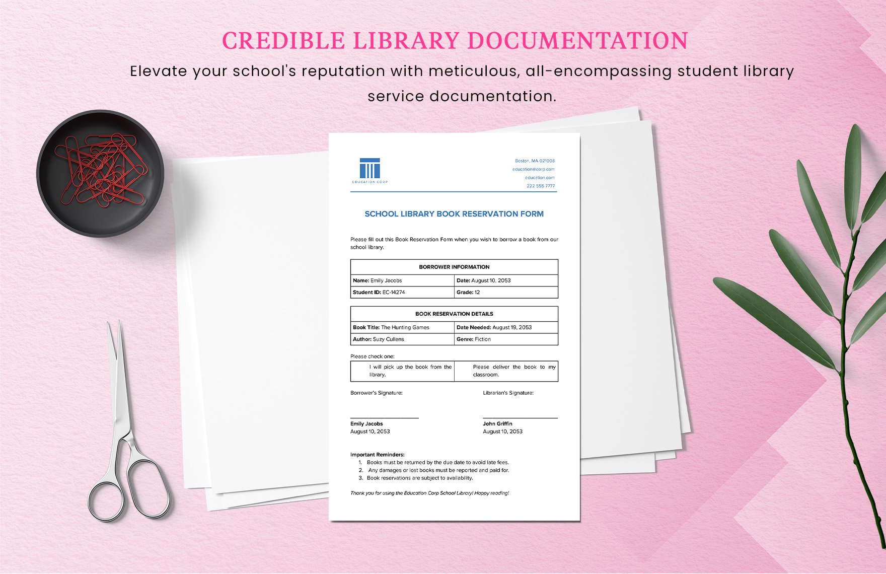 School Library Book Reservation Form Template