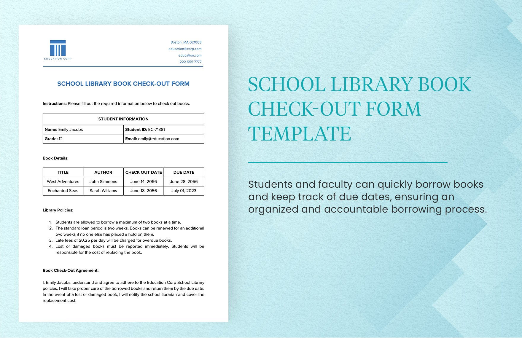 School Library Book Check-Out Form Template