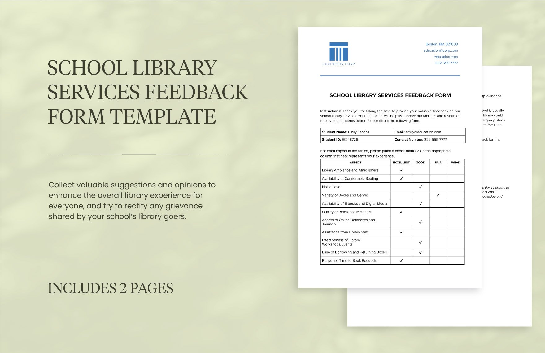 School Library Services Feedback Form Template