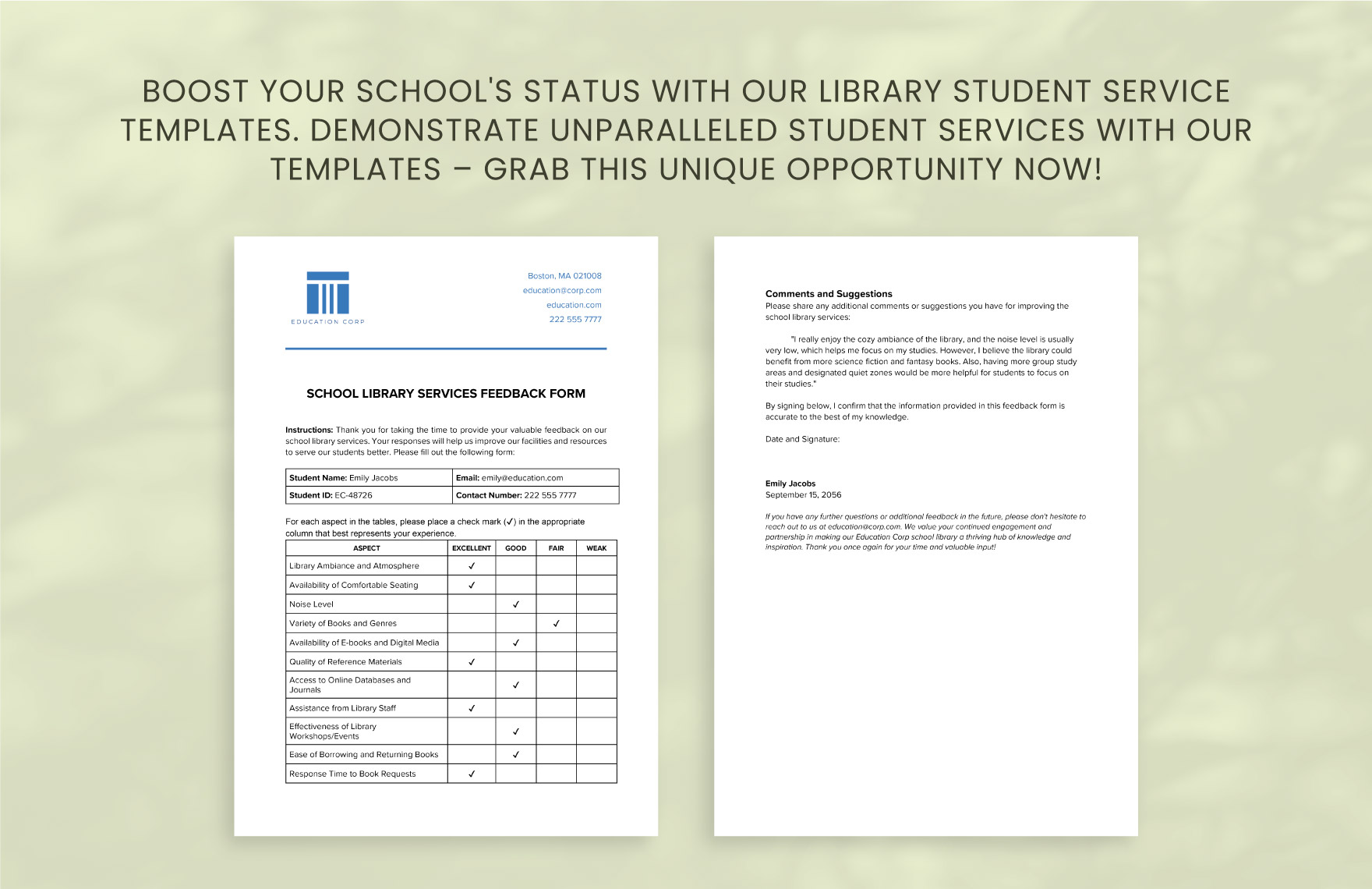 School Library Services Feedback Form Template