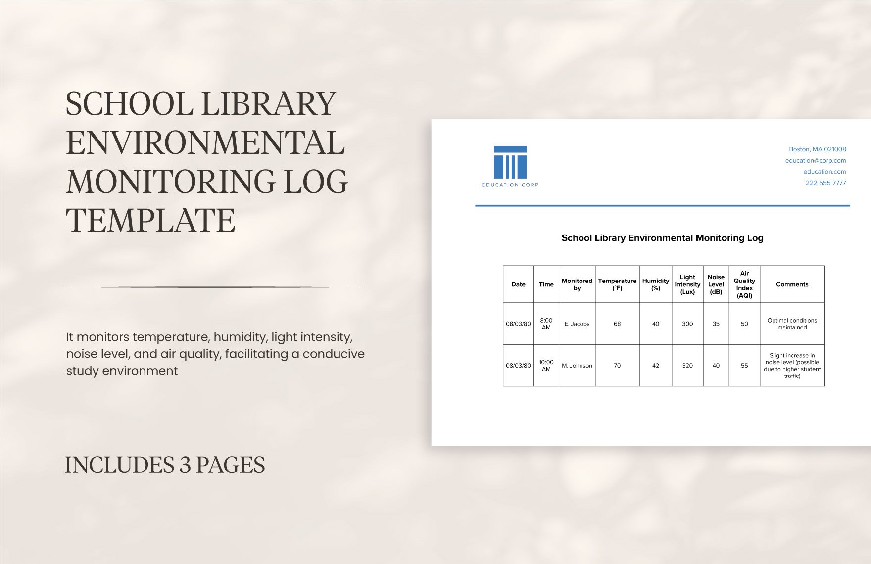 School Library Environmental Monitoring Log Template