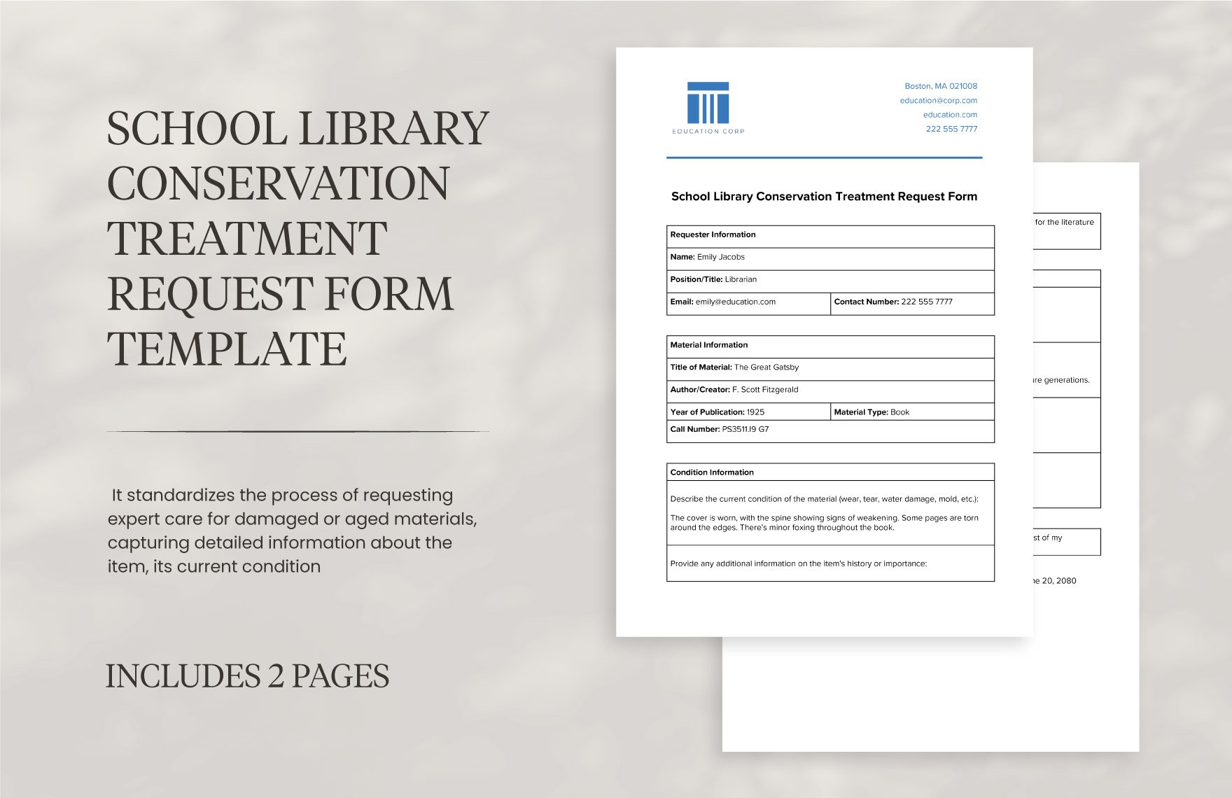 School Library Conservation Treatment Request Form Template