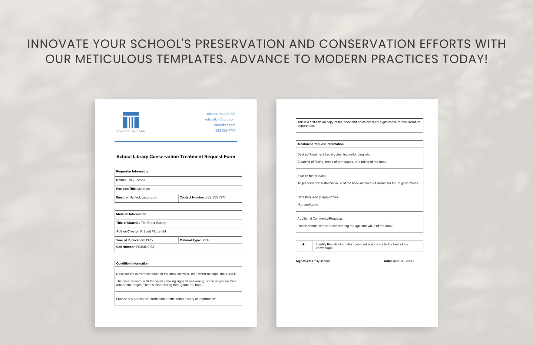 School Library Conservation Treatment Request Form Template
