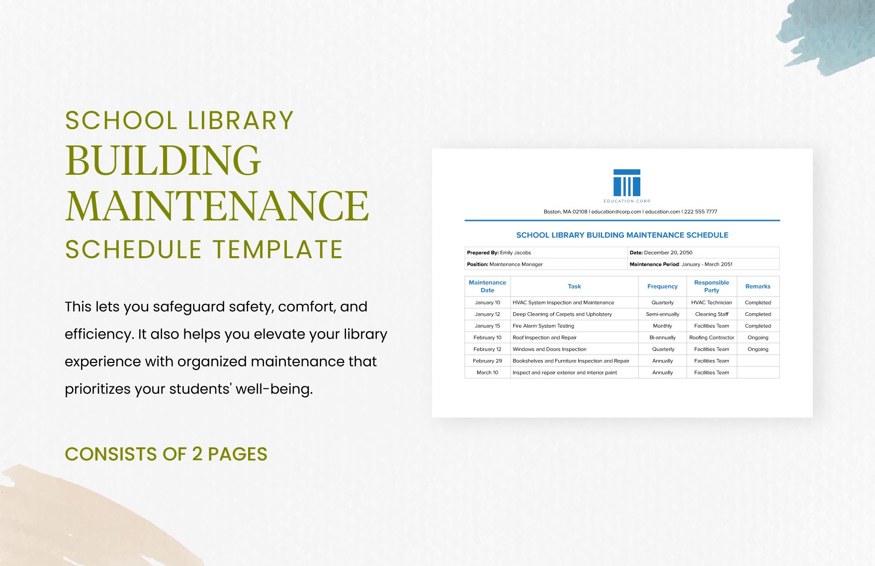 School Library Building Maintenance Schedule Template