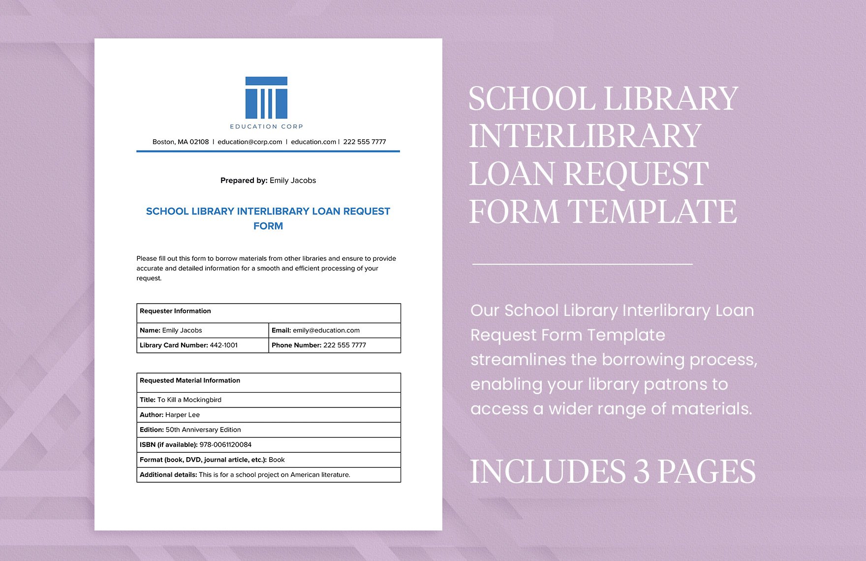 School Library Interlibrary Loan Request Form Template in Word, Google Docs, PDF