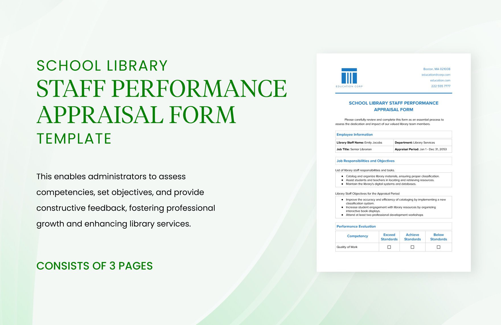 School Library Staff Performance Appraisal Form Template