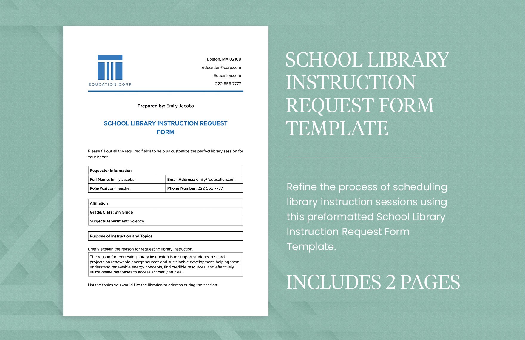 School Library Instruction Request Form Template in Word, Google Docs, PDF