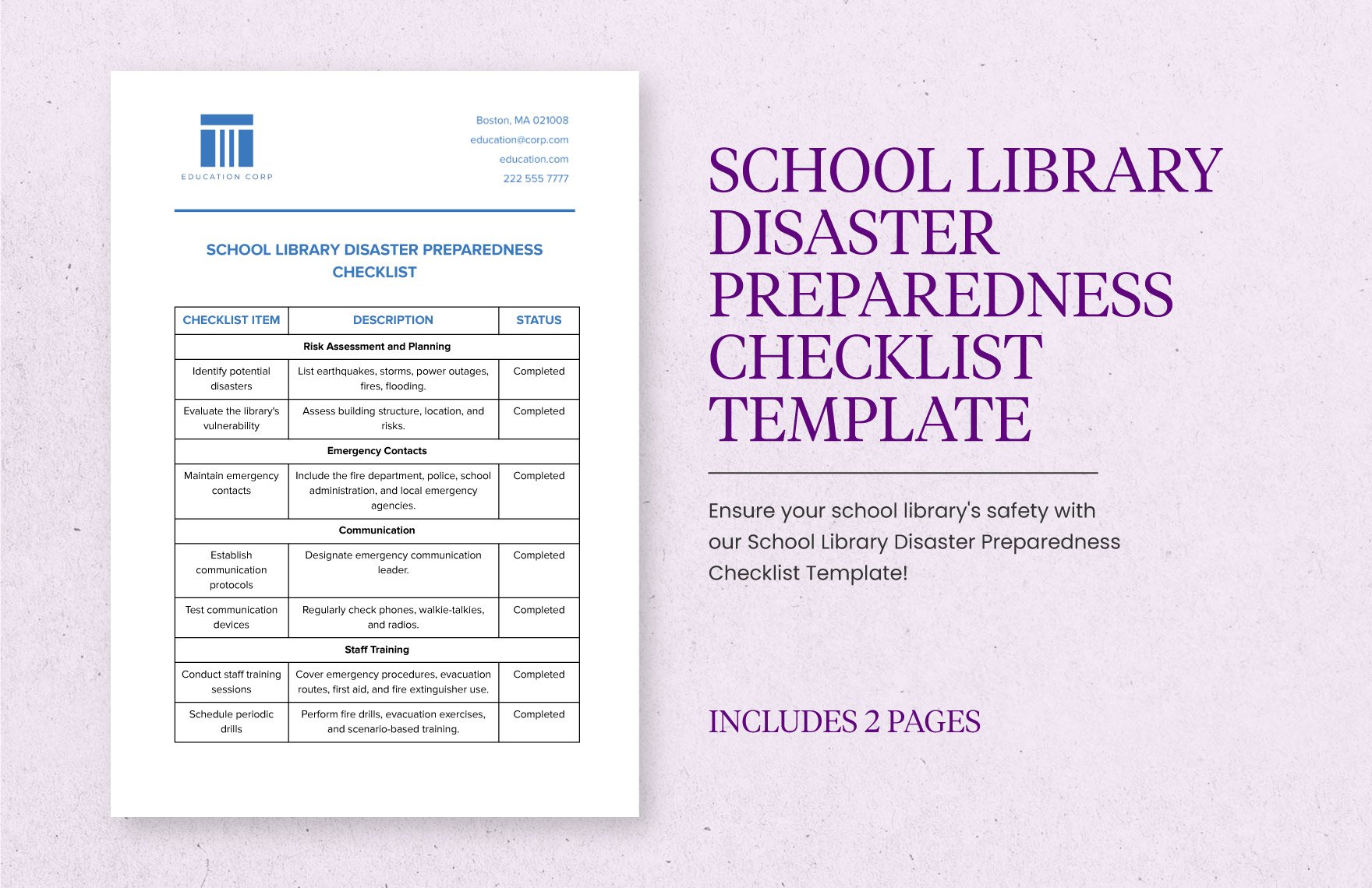 School Library Disaster Preparedness Checklist Template
