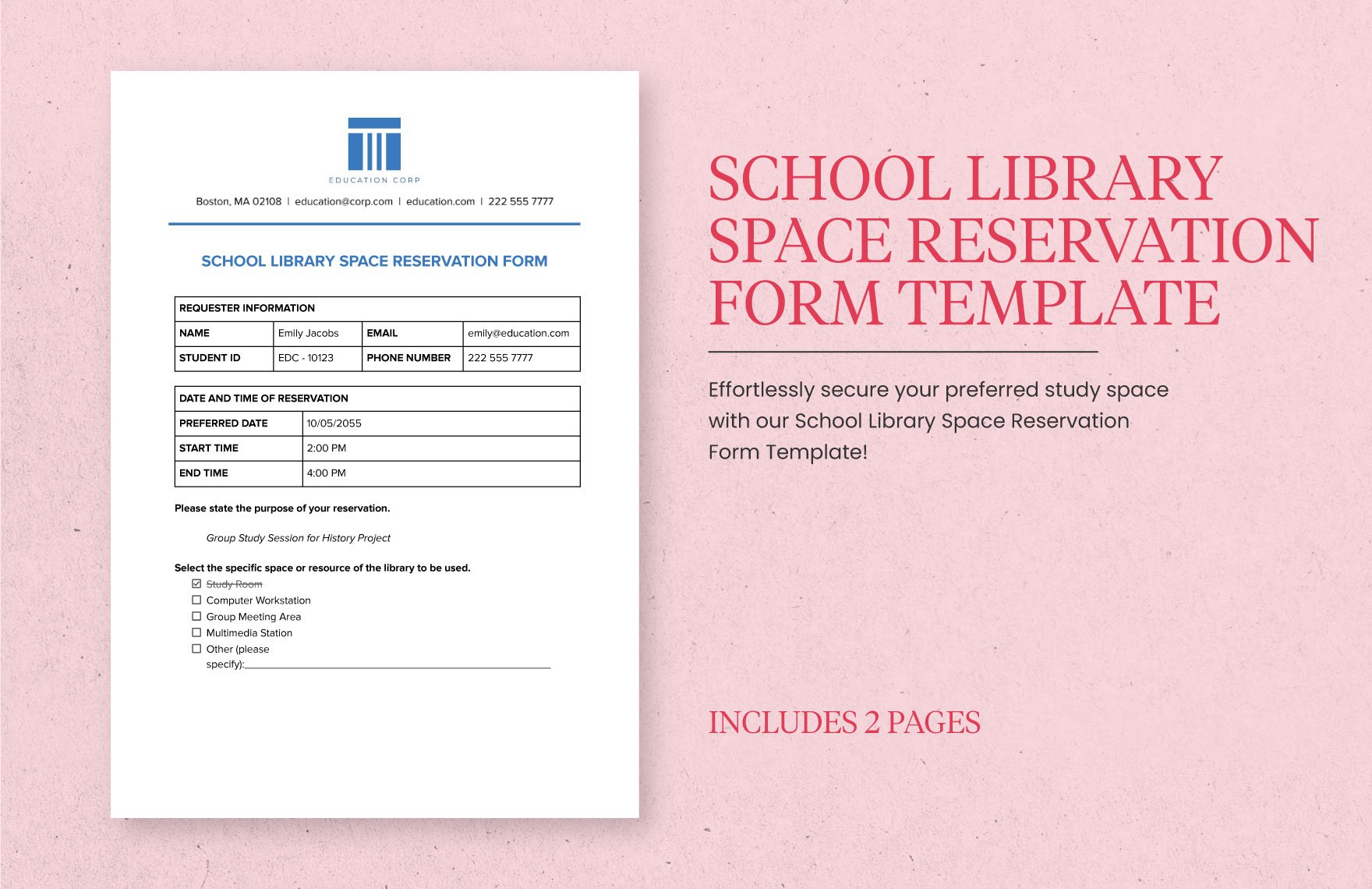 School Library Space Reservation Form Template in Word, Google Docs, PDF