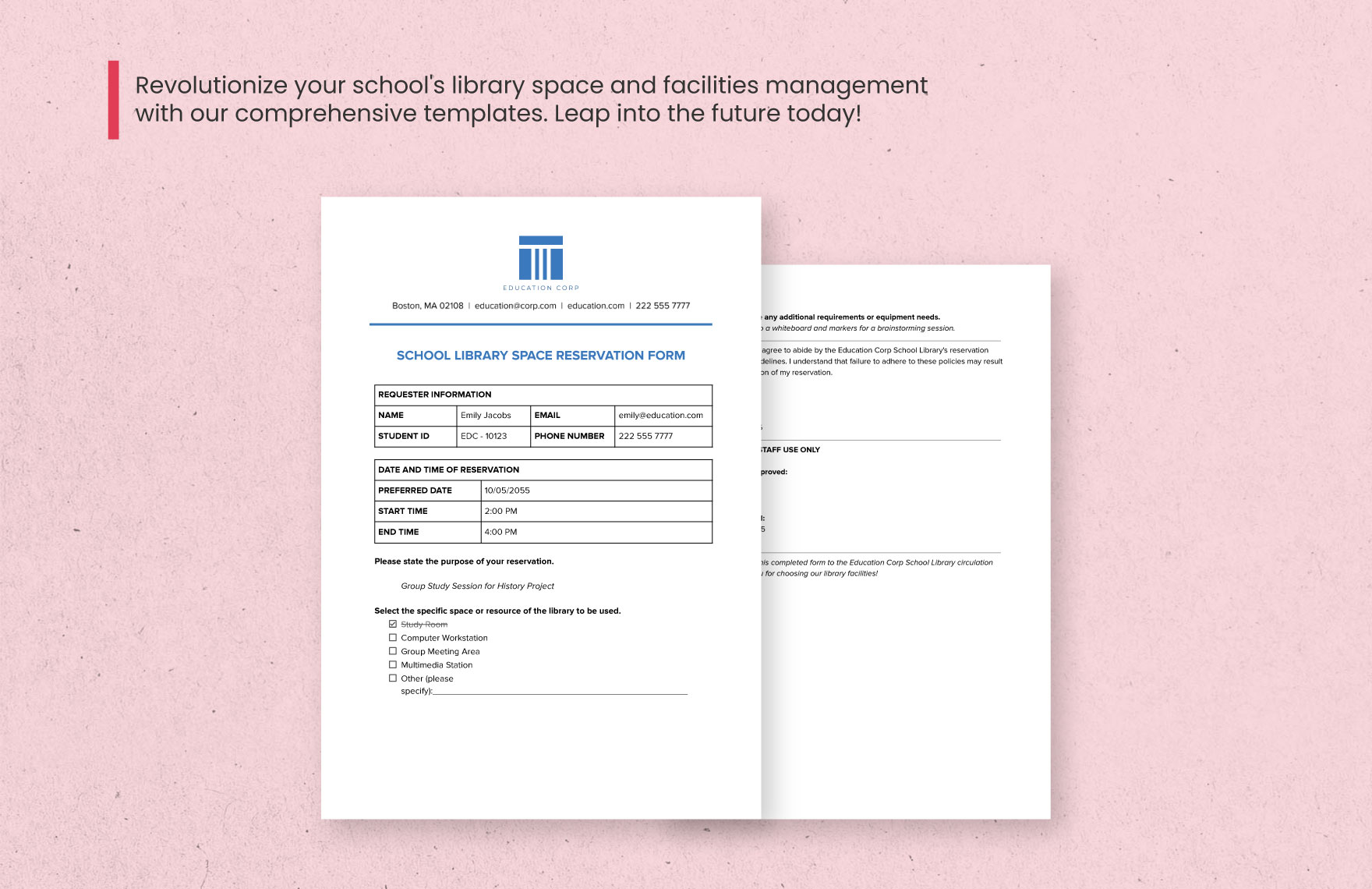 School Library Space Reservation Form Template