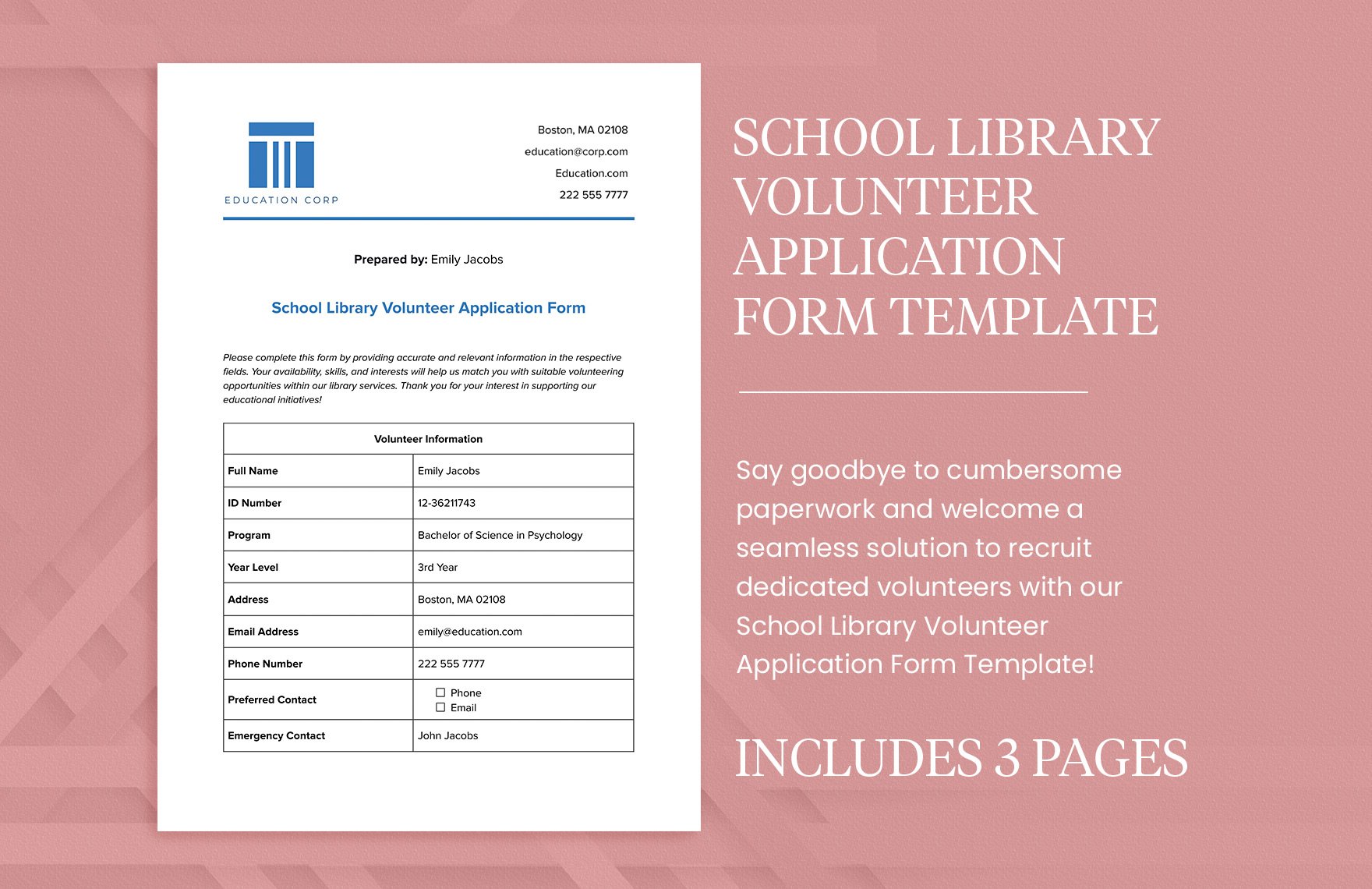 School Library Volunteer Application Form Template