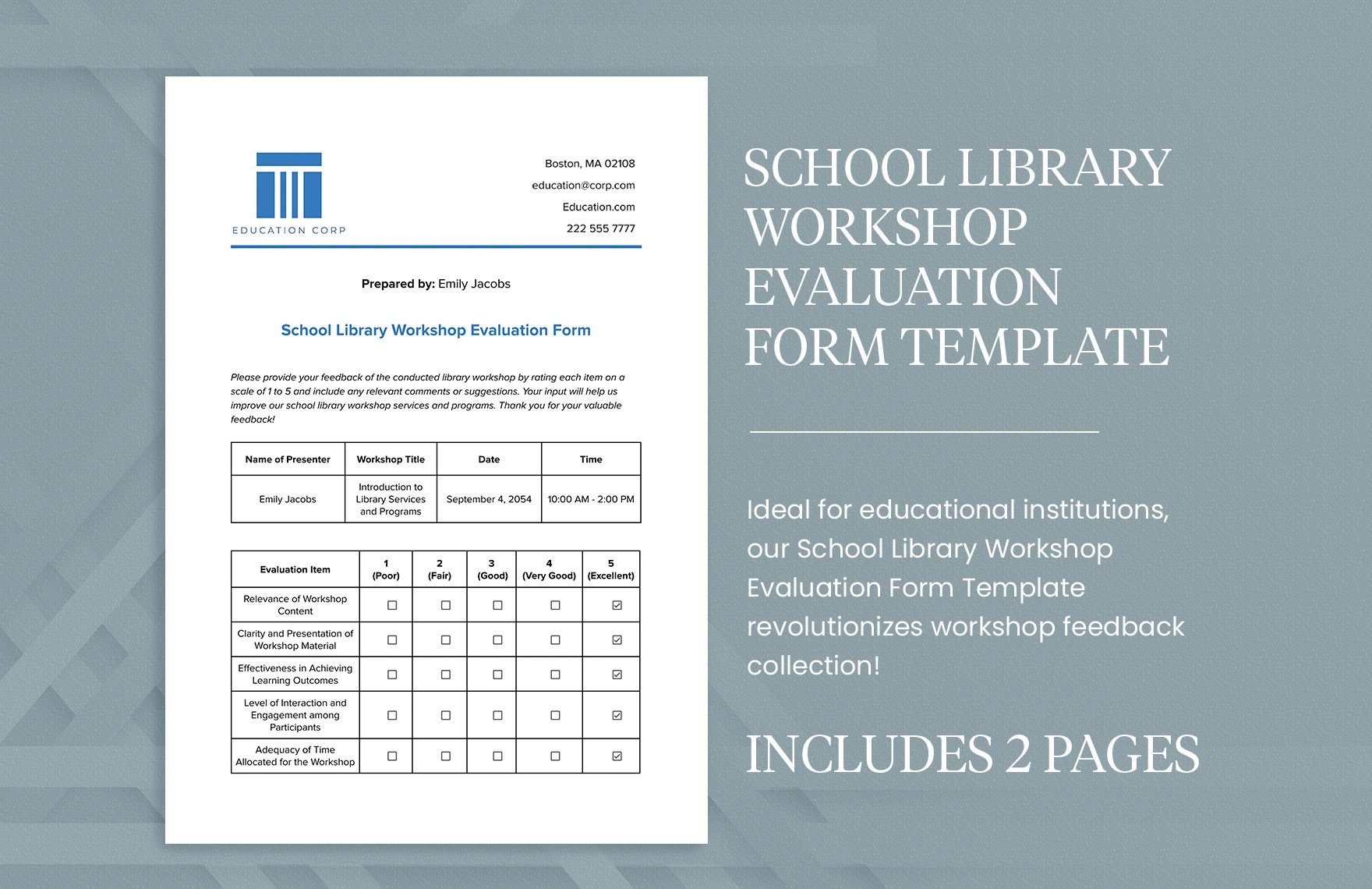 School Library Workshop Evaluation Form Template in Word, Google Docs, PDF