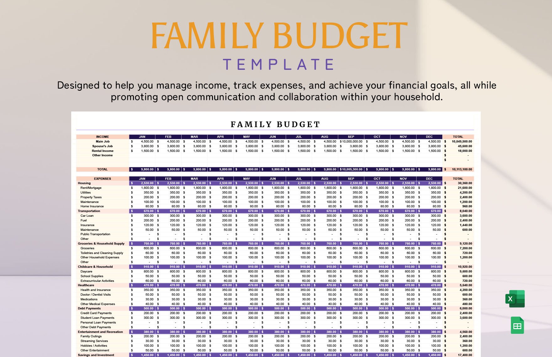 Free Family Budget Template in Excel, Google Sheets