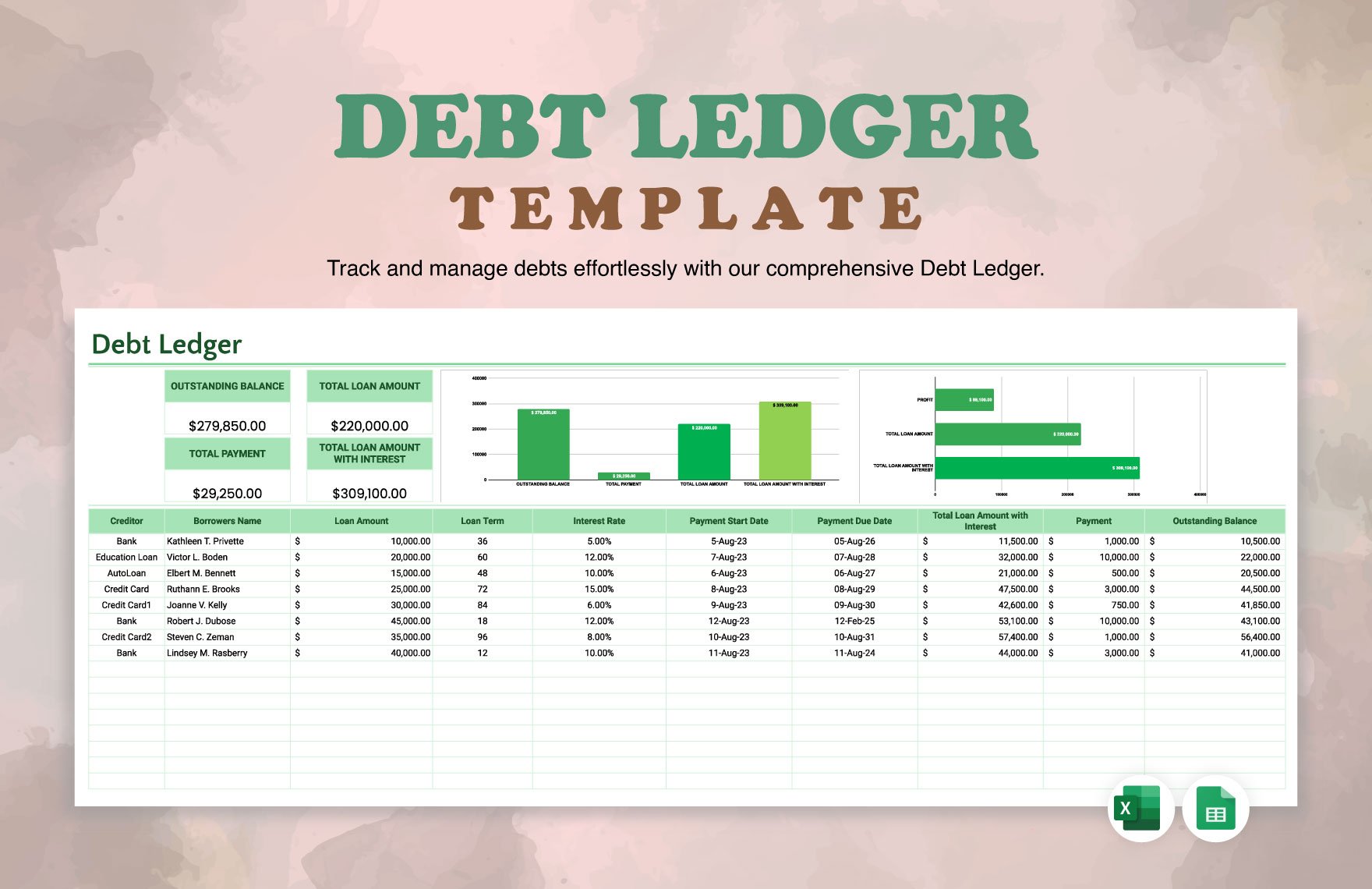 Debt Ledger Template in Excel, Google Sheets