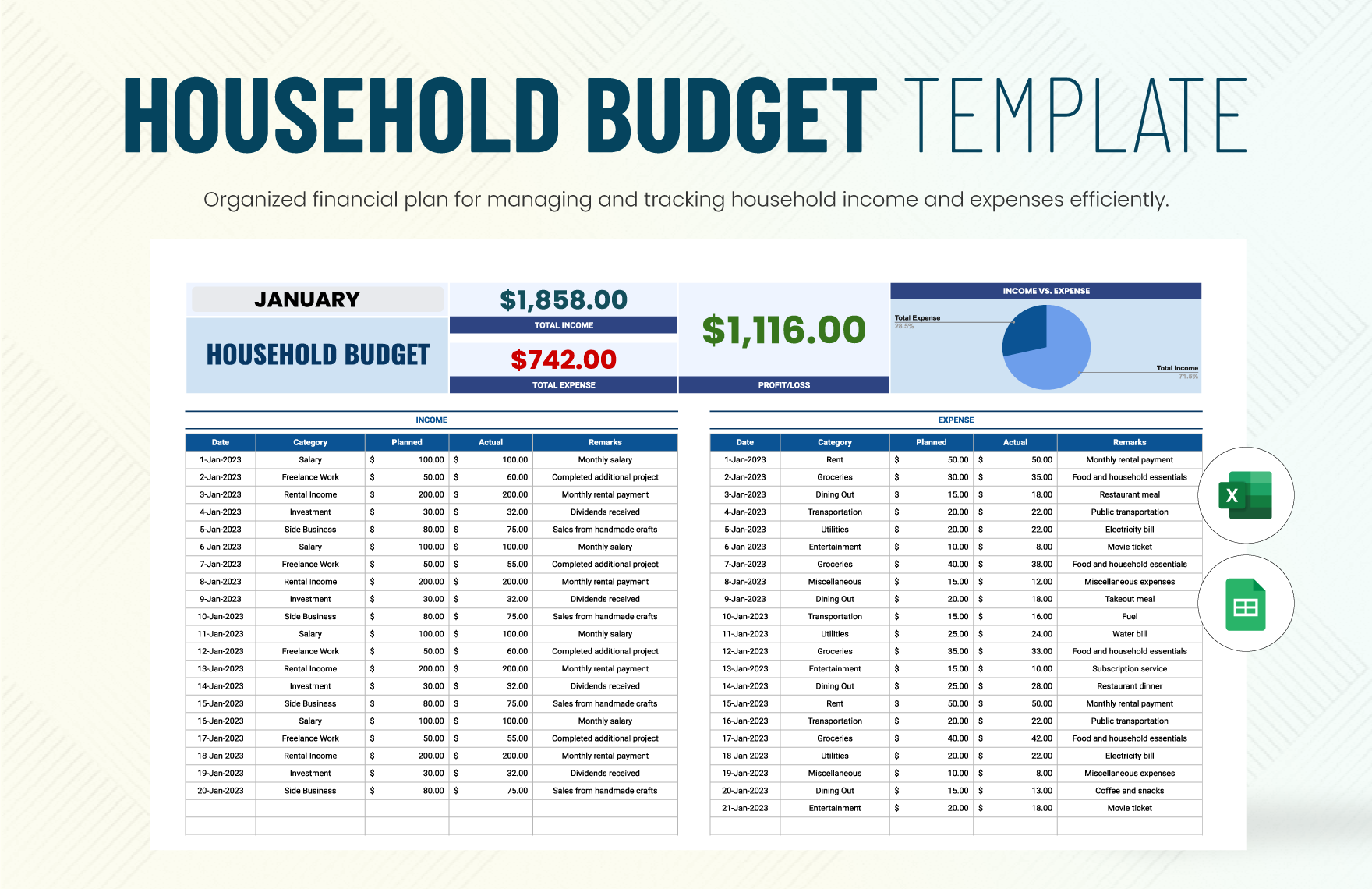 Household Budget Template in Excel, Google Sheets