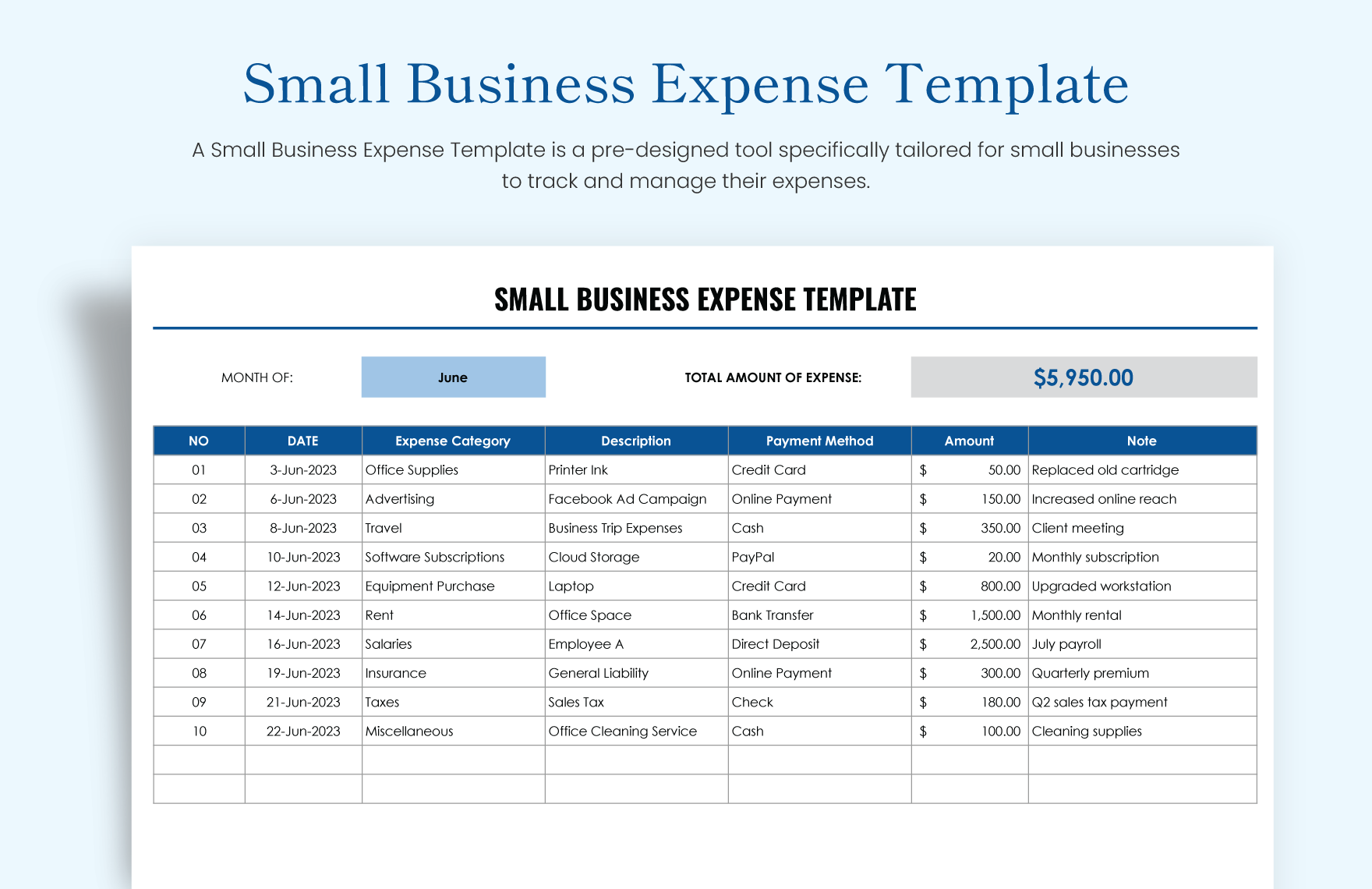 Small Business Expense Template - Download in Excel, Google Sheets