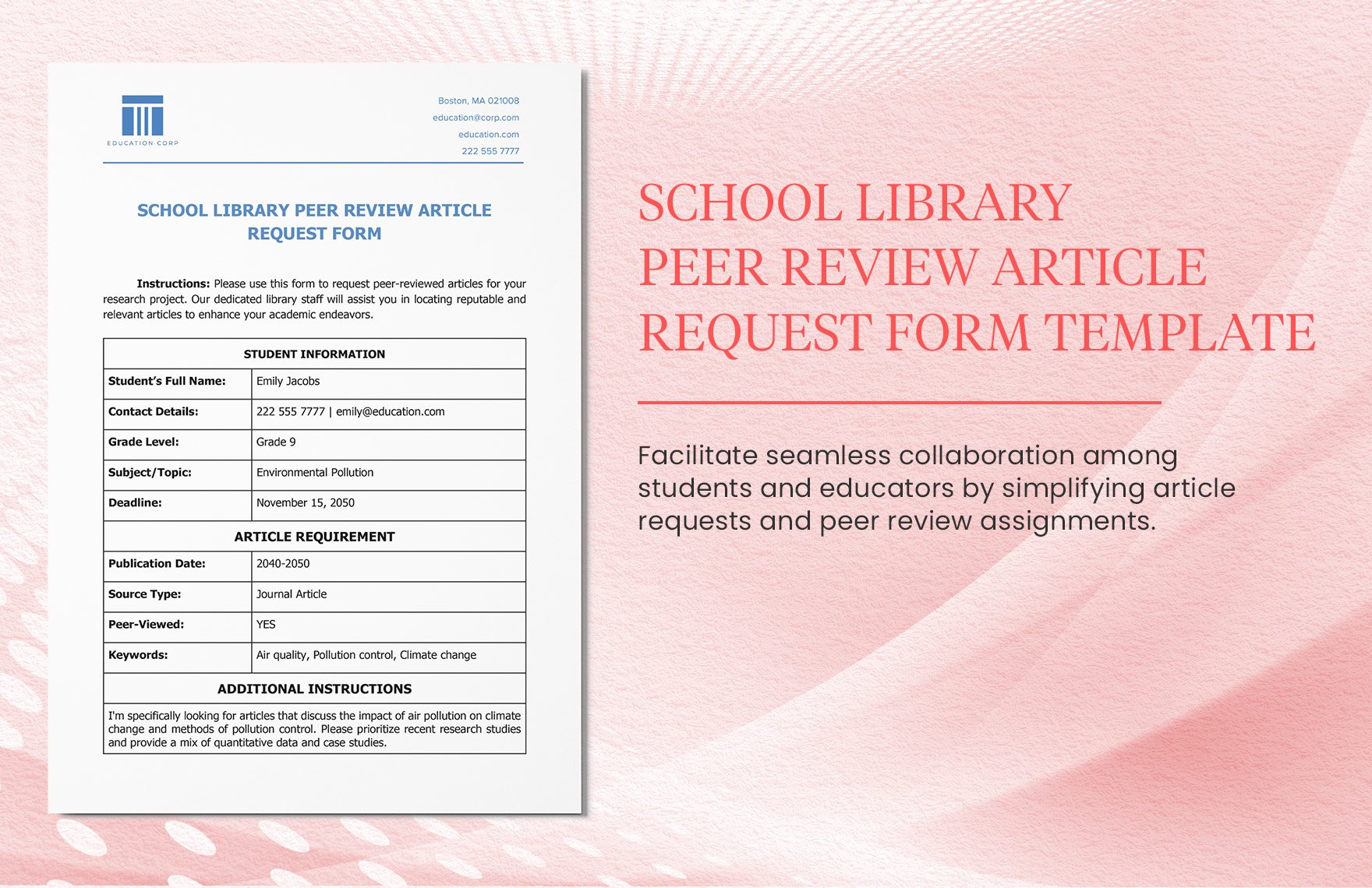 School Library Peer Review Article Request Form Template in Word, Google Docs, PDF