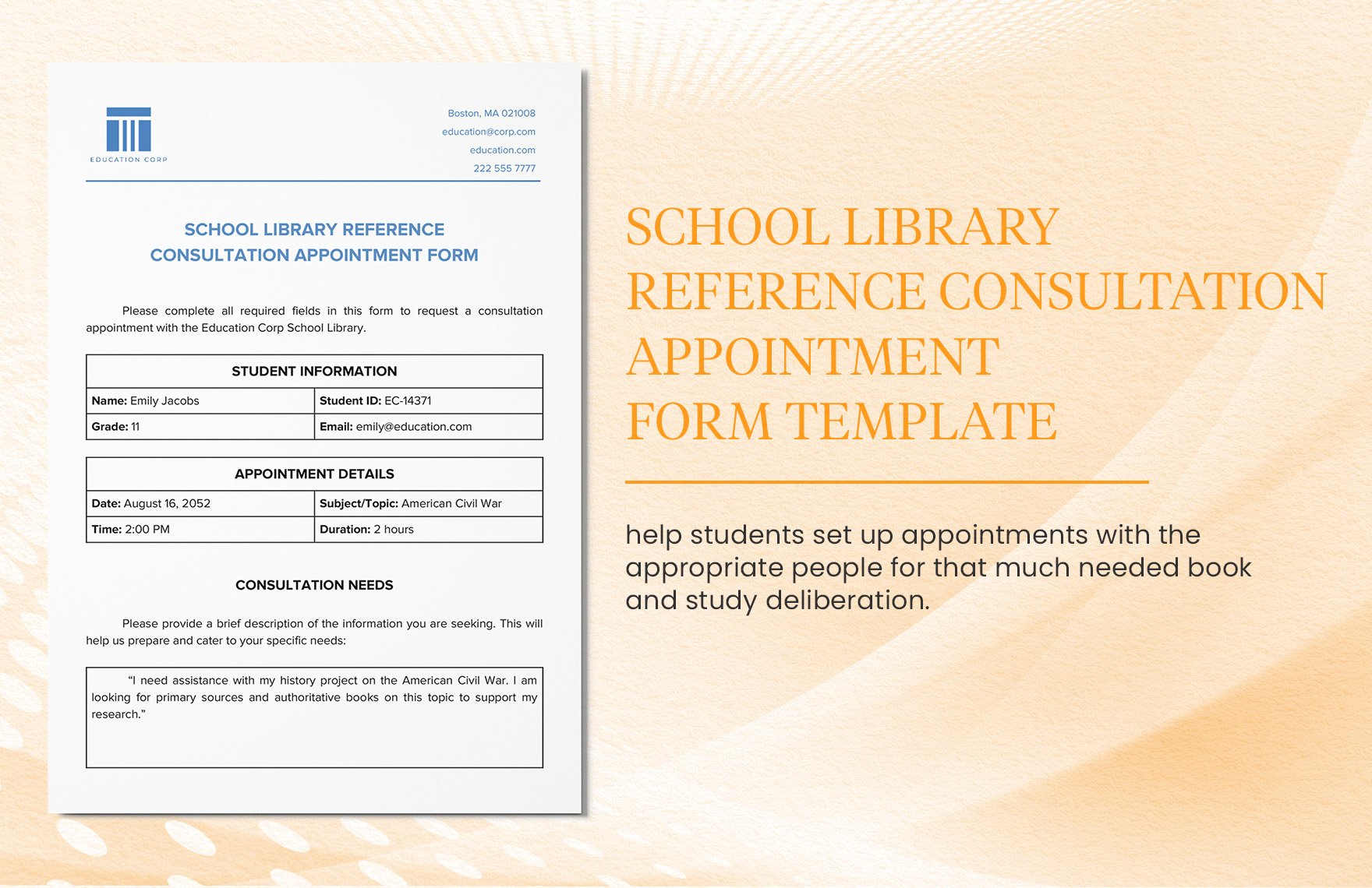 School Library Reference Consultation Appointment Form Template in Word, Google Docs, PDF