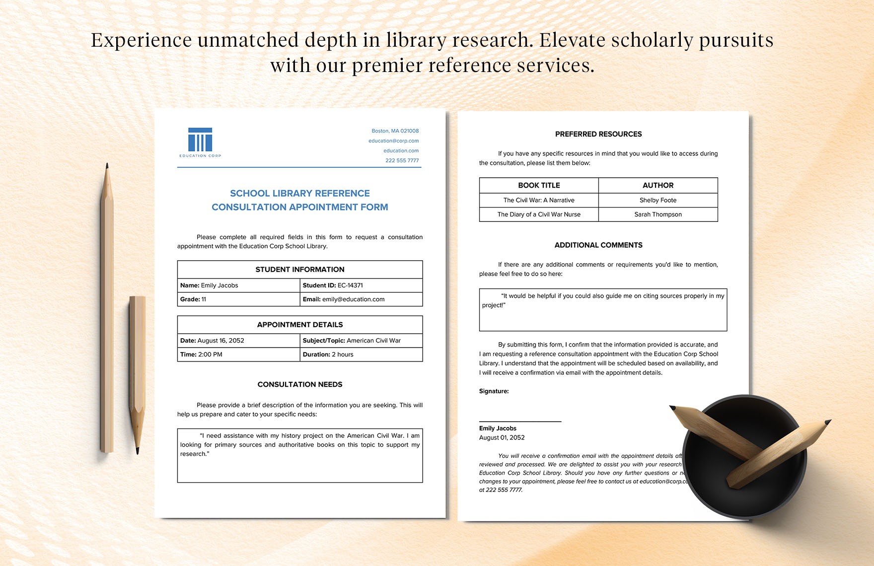 School Library Reference Consultation Appointment Form Template