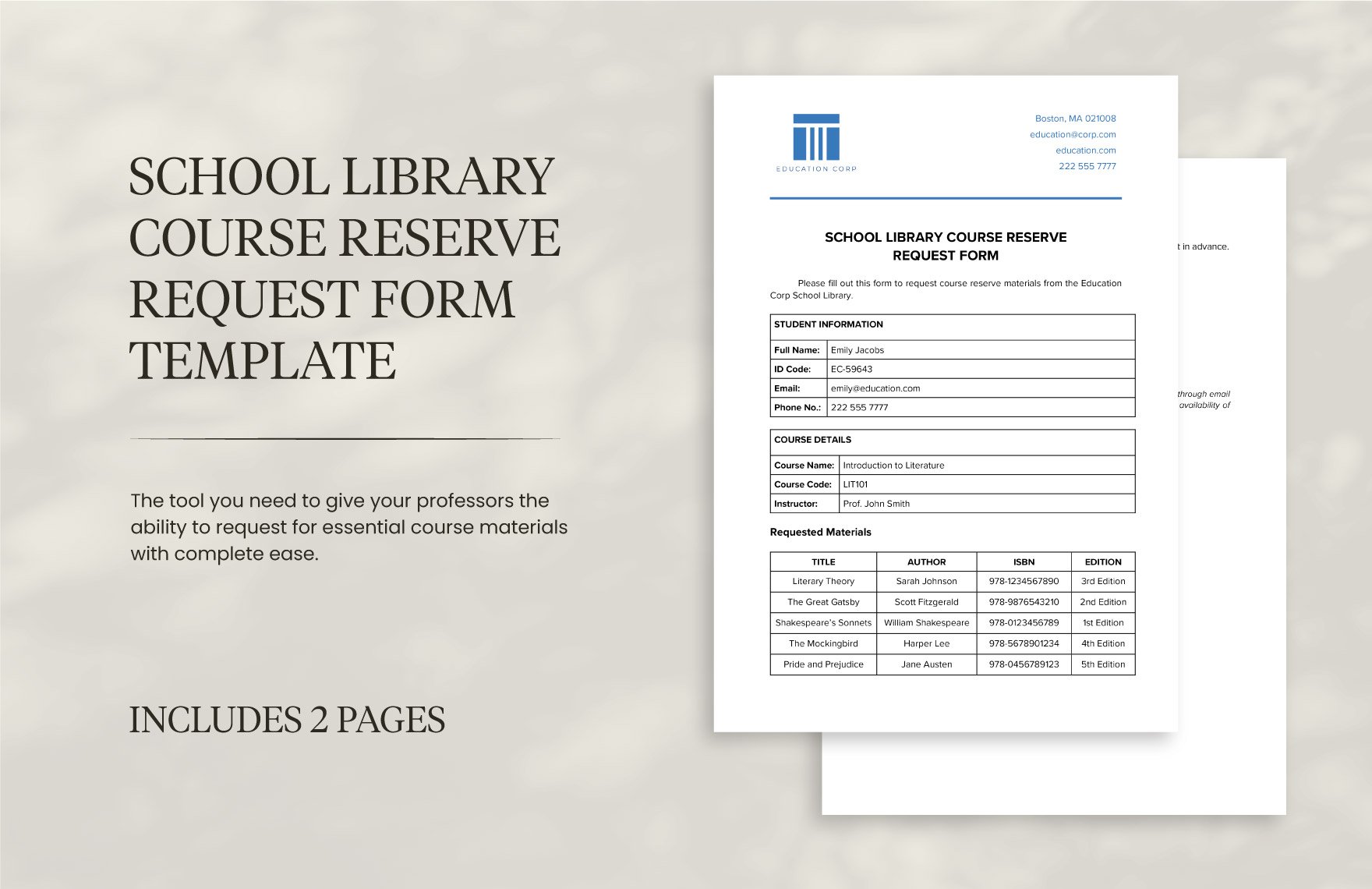 School Library Course Reserve Request Form Template