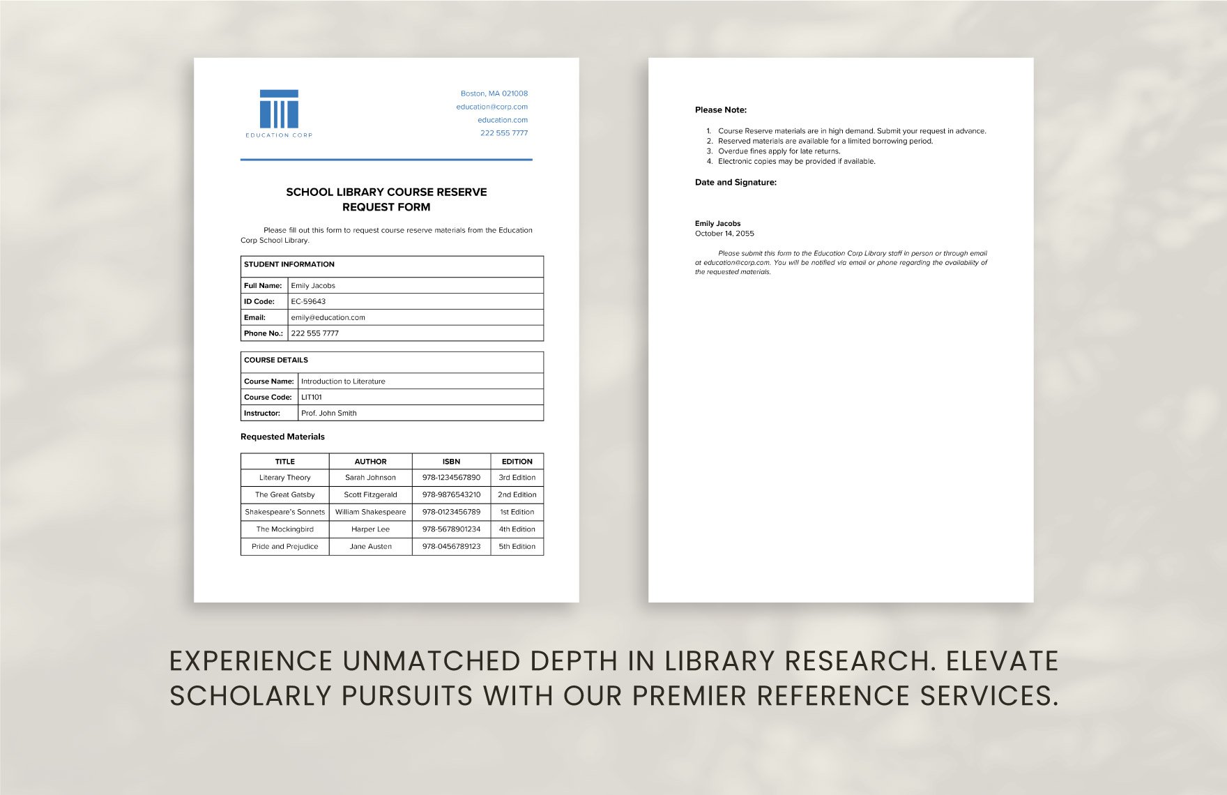 School Library Course Reserve Request Form Template