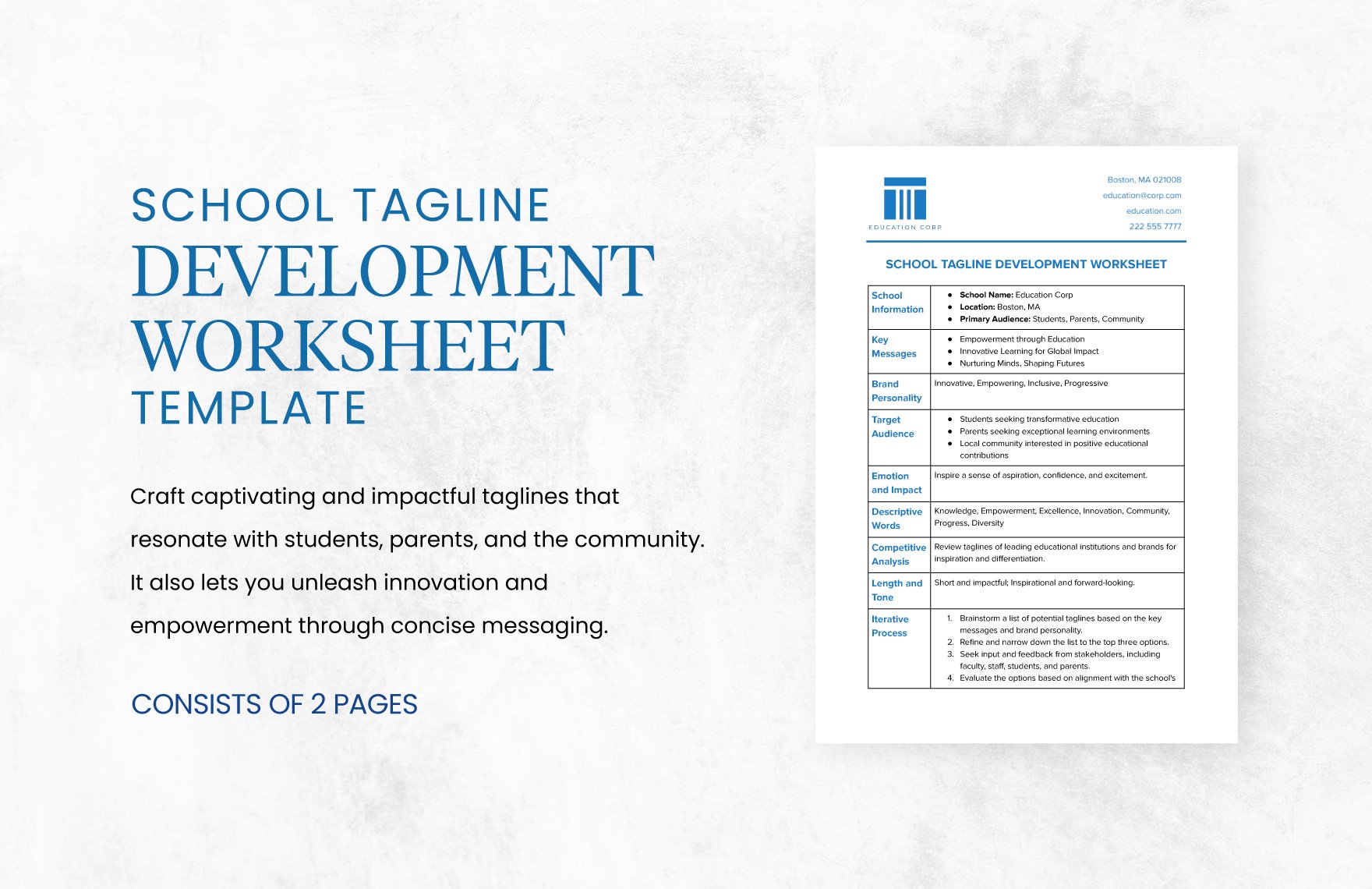 School Tagline Development Worksheet Template