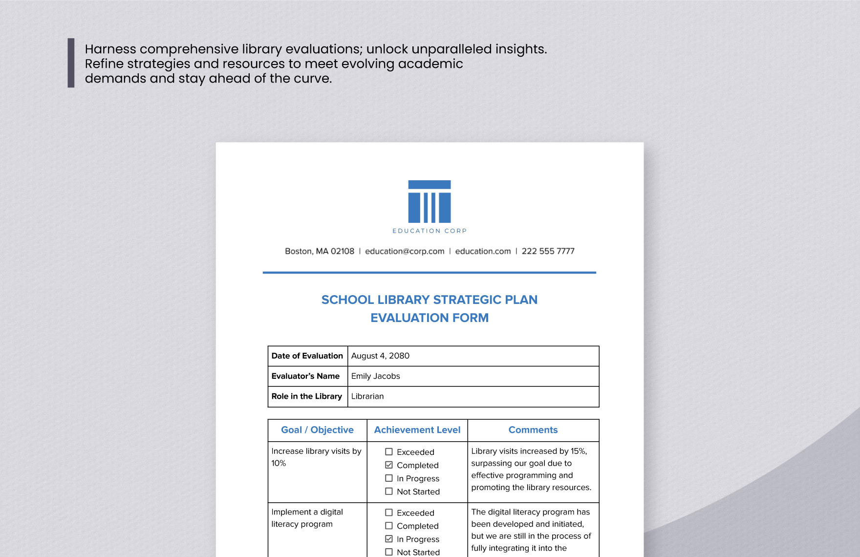 School Library Strategic Plan Evaluation Form Template