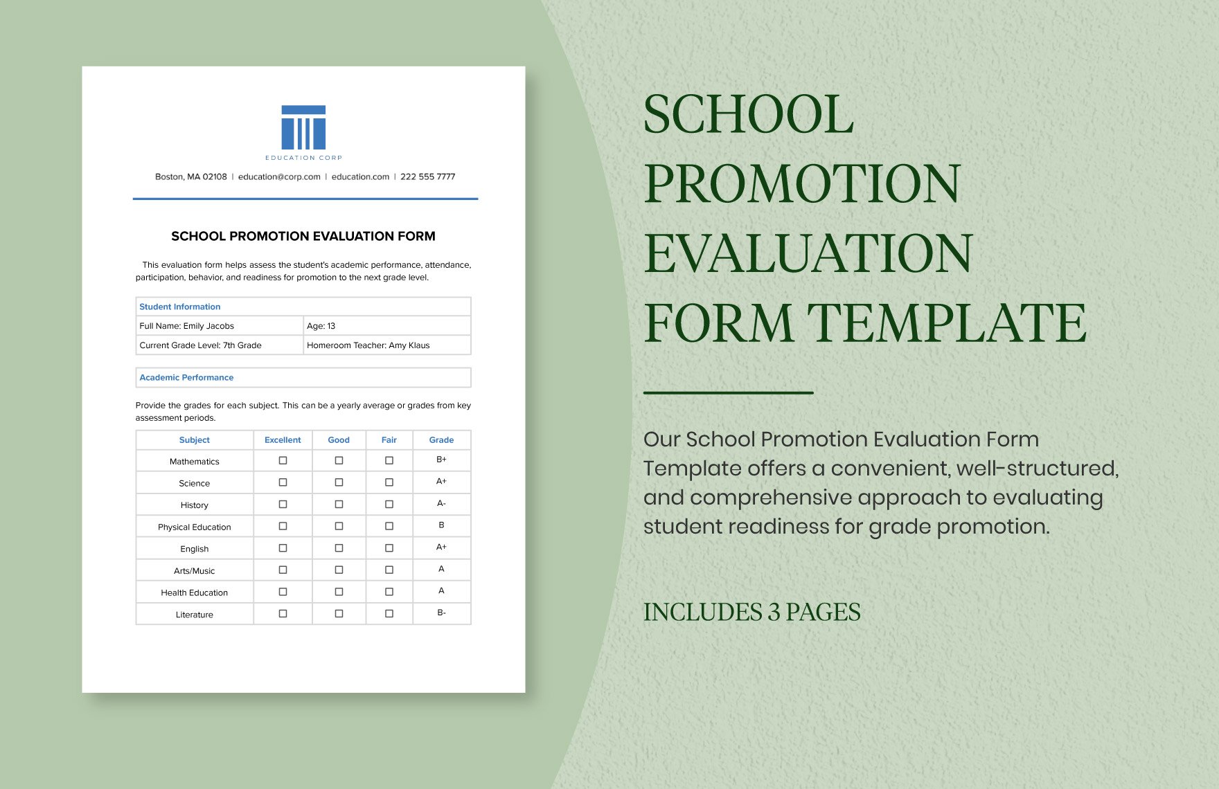 School Promotion Evaluation Form Template