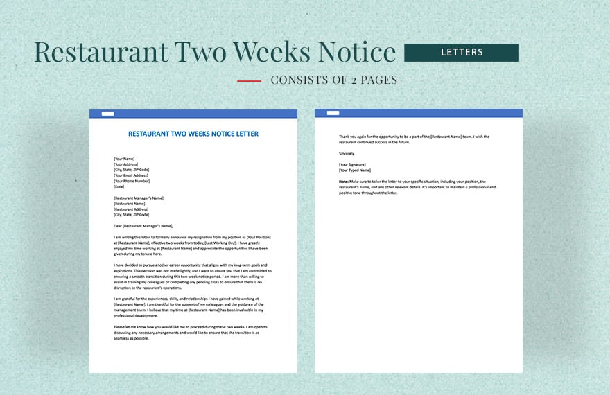 Free Restaurant Two Weeks Notice Letter