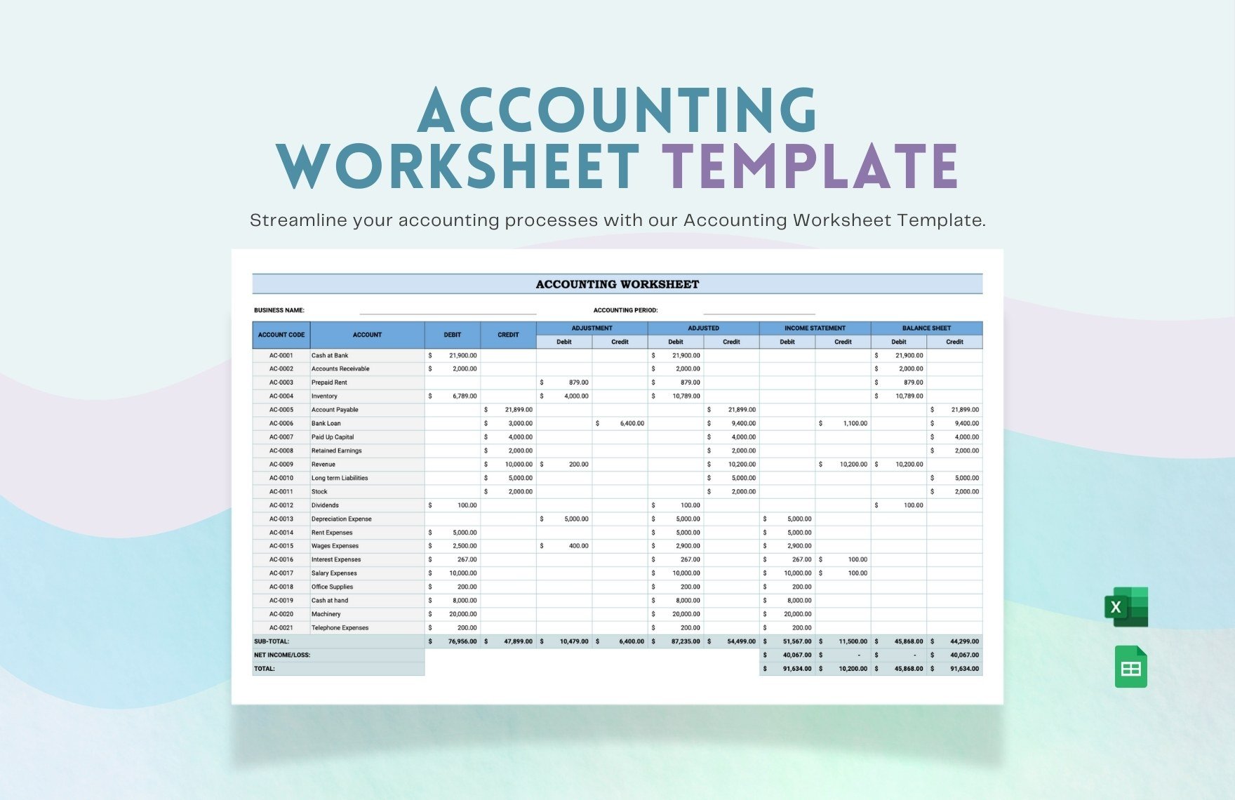 Accounting Worksheet Template in Excel, Google Sheets