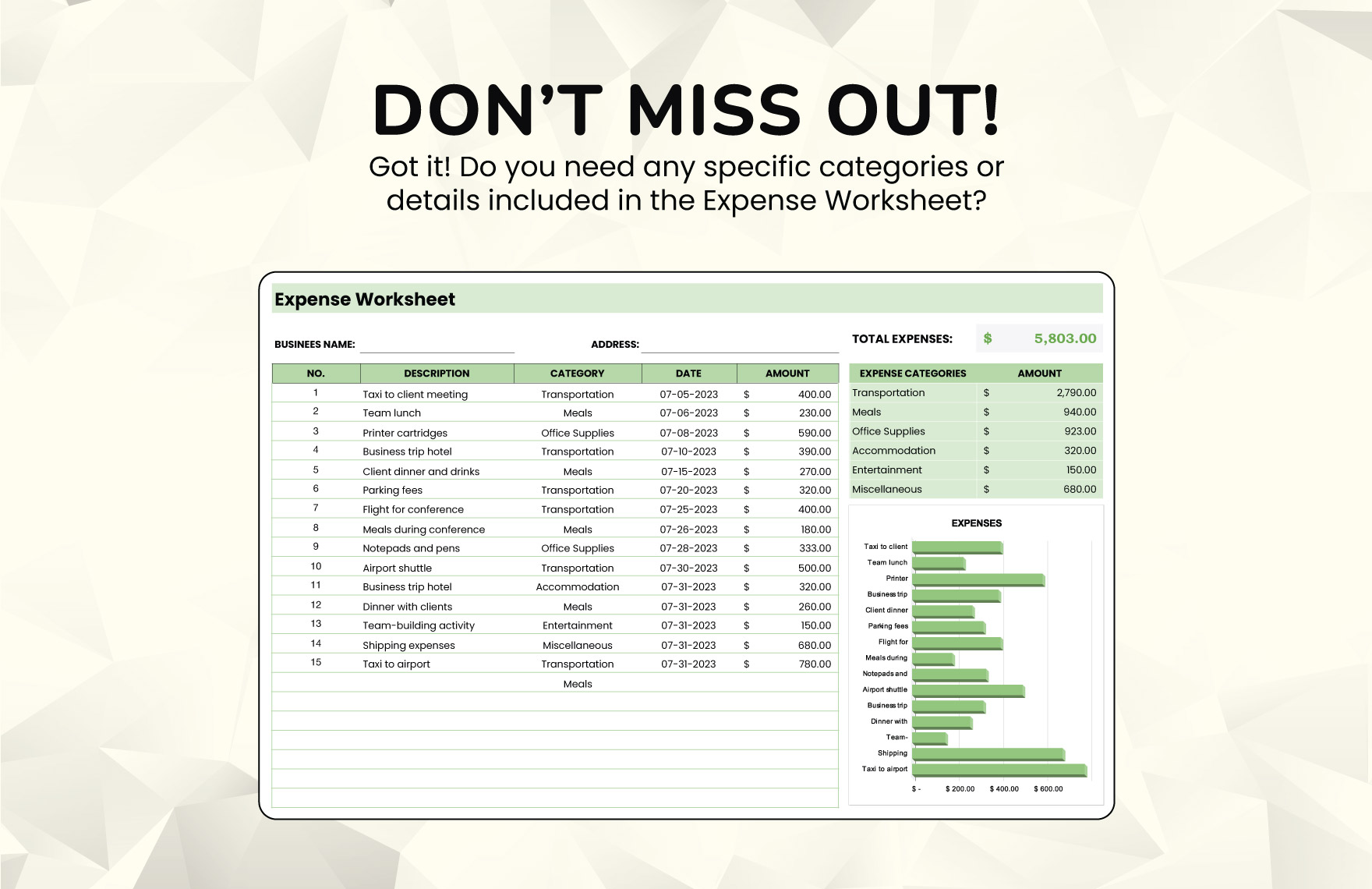 Expense Worksheet Template