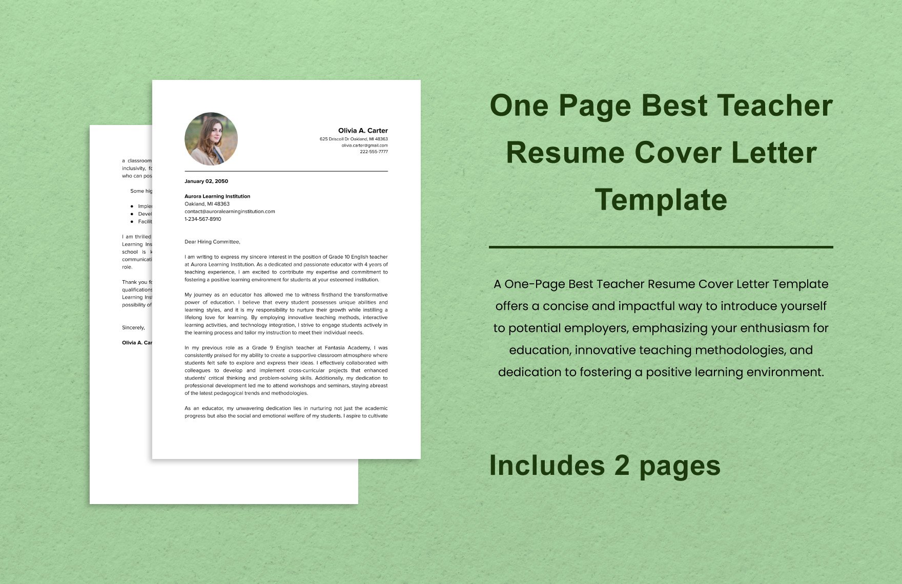 One Page Best Teacher Resume Cover Letter Template