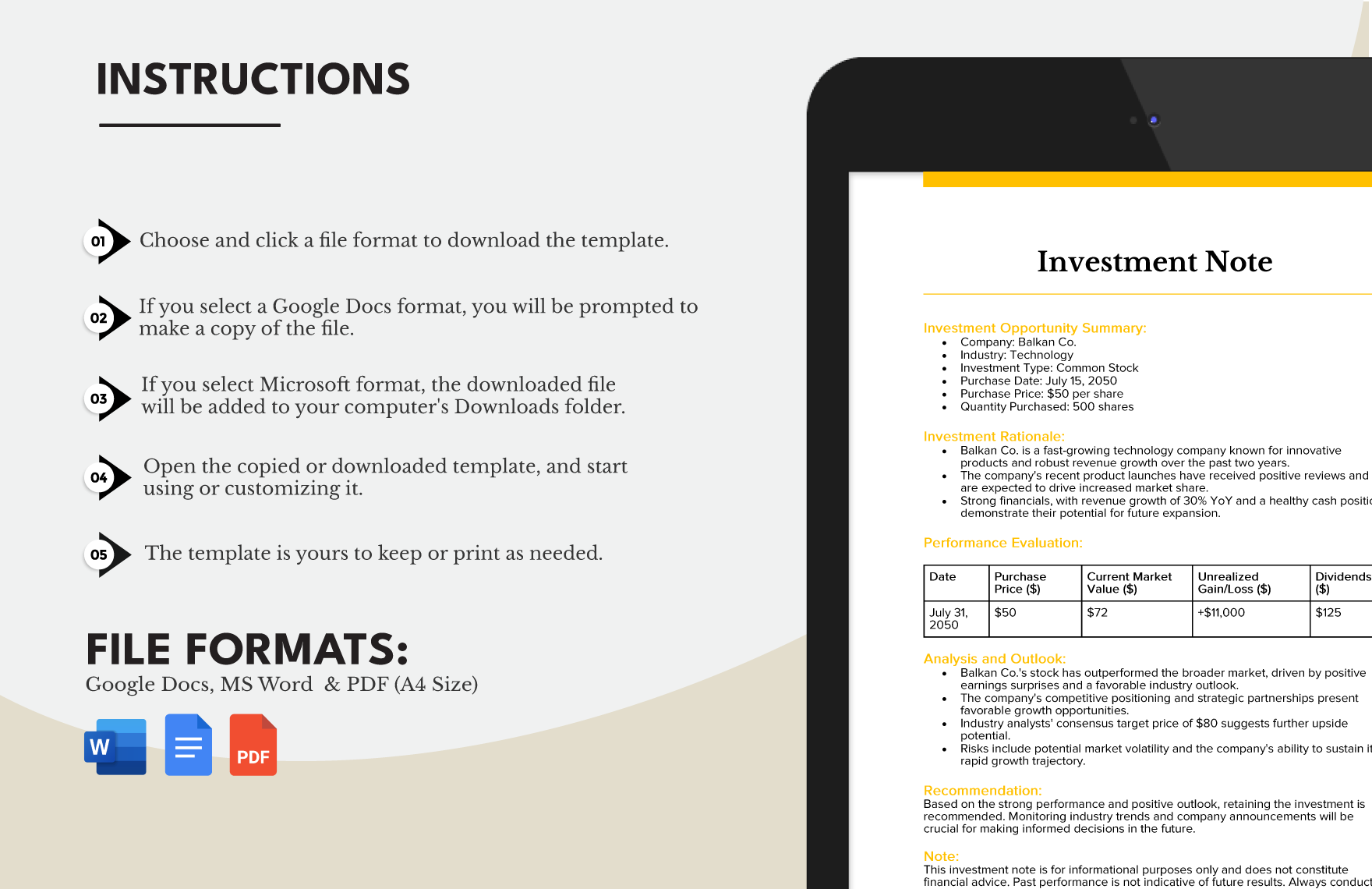 Investment Note Template