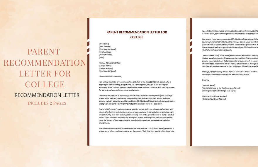 Parent Recommendation Letter For College in Word, Google Docs, Apple Pages