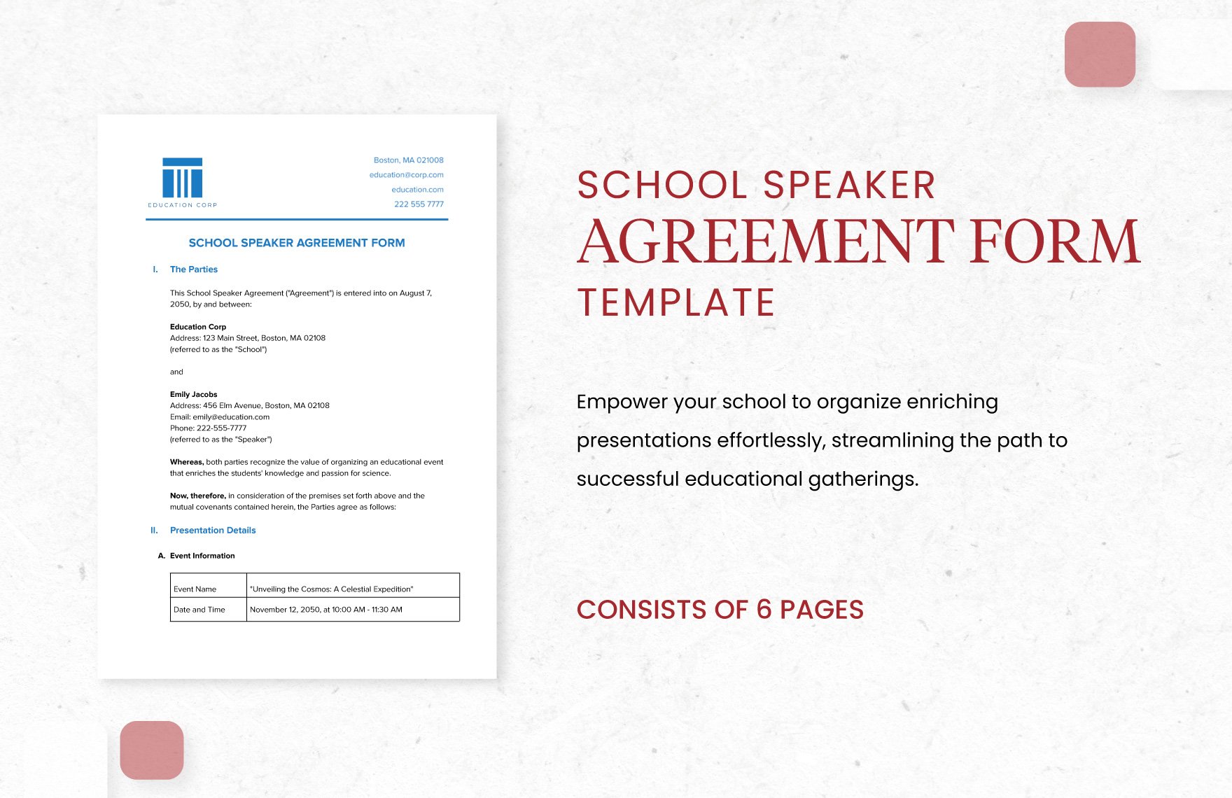 School Speaker Agreement Form Template in Word, Google Docs, PDF