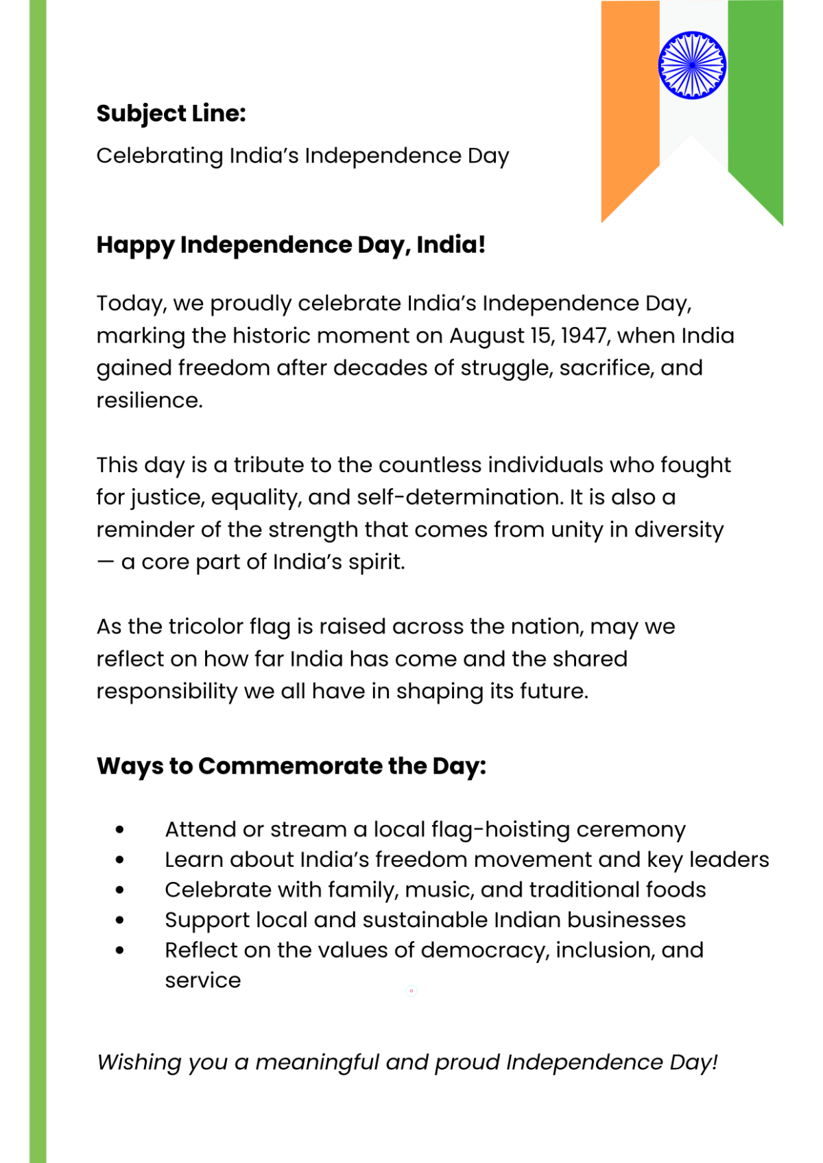 Free India Independence Day Email Template to Edit Online