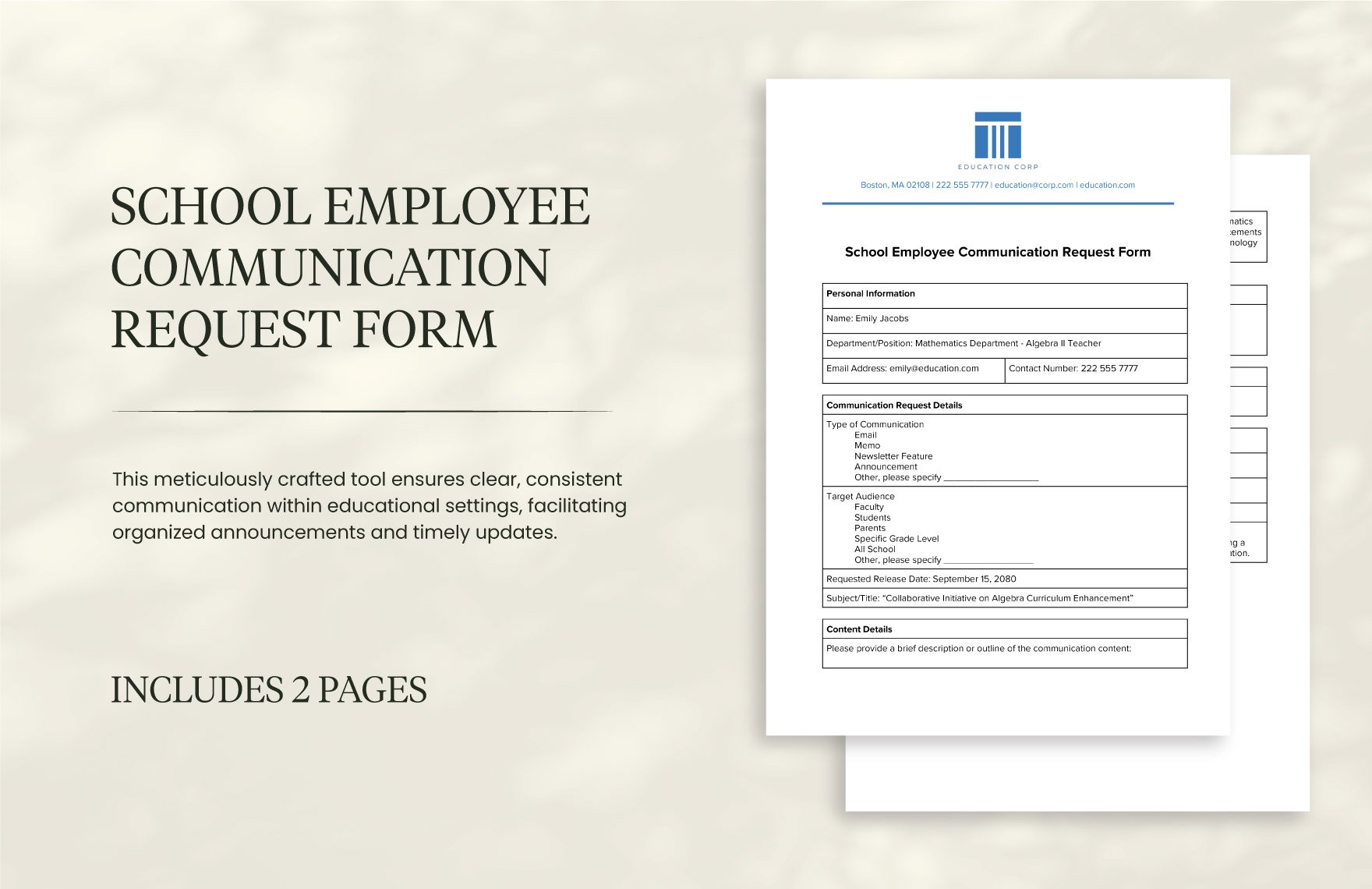 School Employee Communication Request Form in Word, Google Docs, PDF