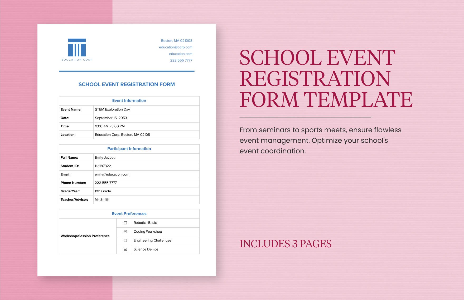 School Event Registration Form Template