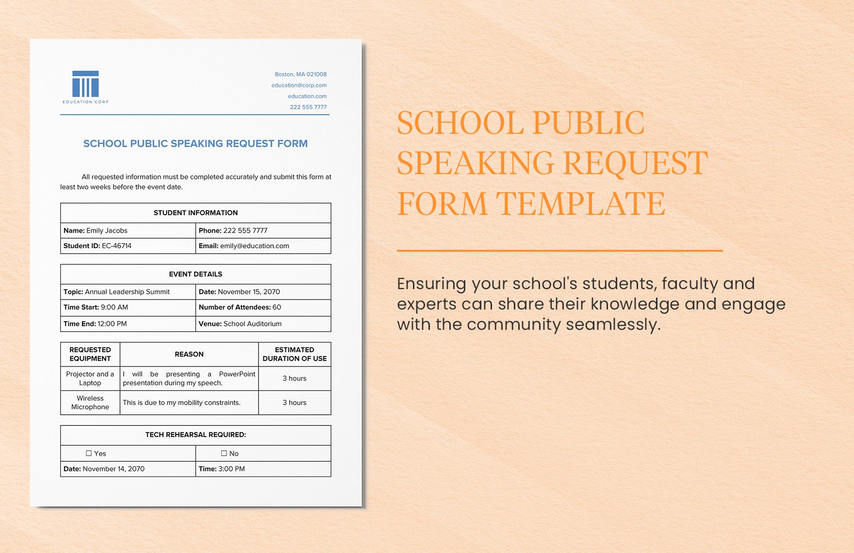 School Public Speaking Request Form Template in Word, Google Docs, PDF