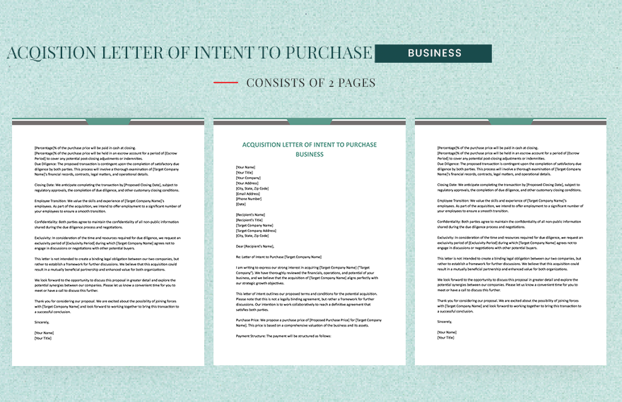 Acquisition Letter Of Intent To Purchase Business