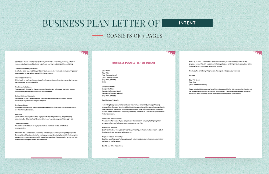 Free Business Plan Letter Of Intent