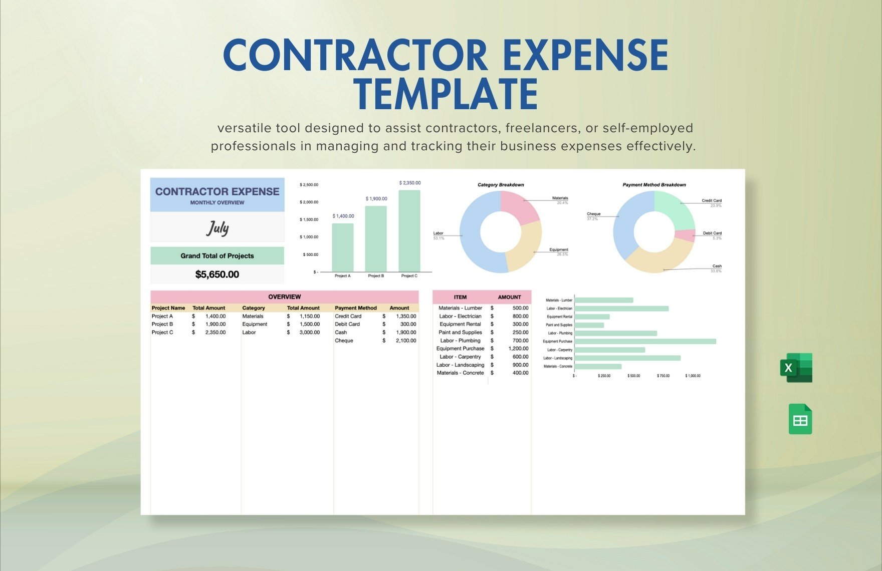 Contractor Expense Template in Excel, Google Sheets